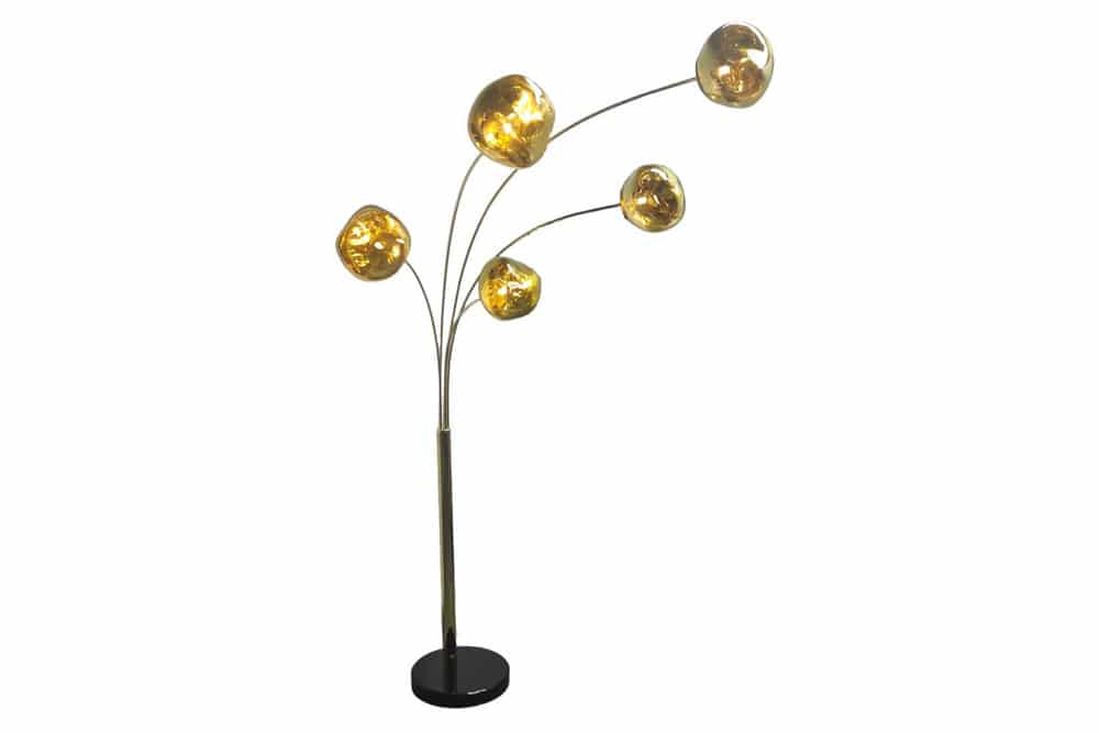 Design Stehlampe LIQUID DIAMOND 200cm gold fünf Glasschirme mit Marmorfuß