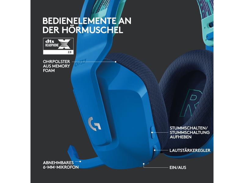 Logitech Headset G733 Lightspeed Blau Wireless-Gaming-Headset mit DTS 7.1 Surround-Sound und RGB Beleuchtung