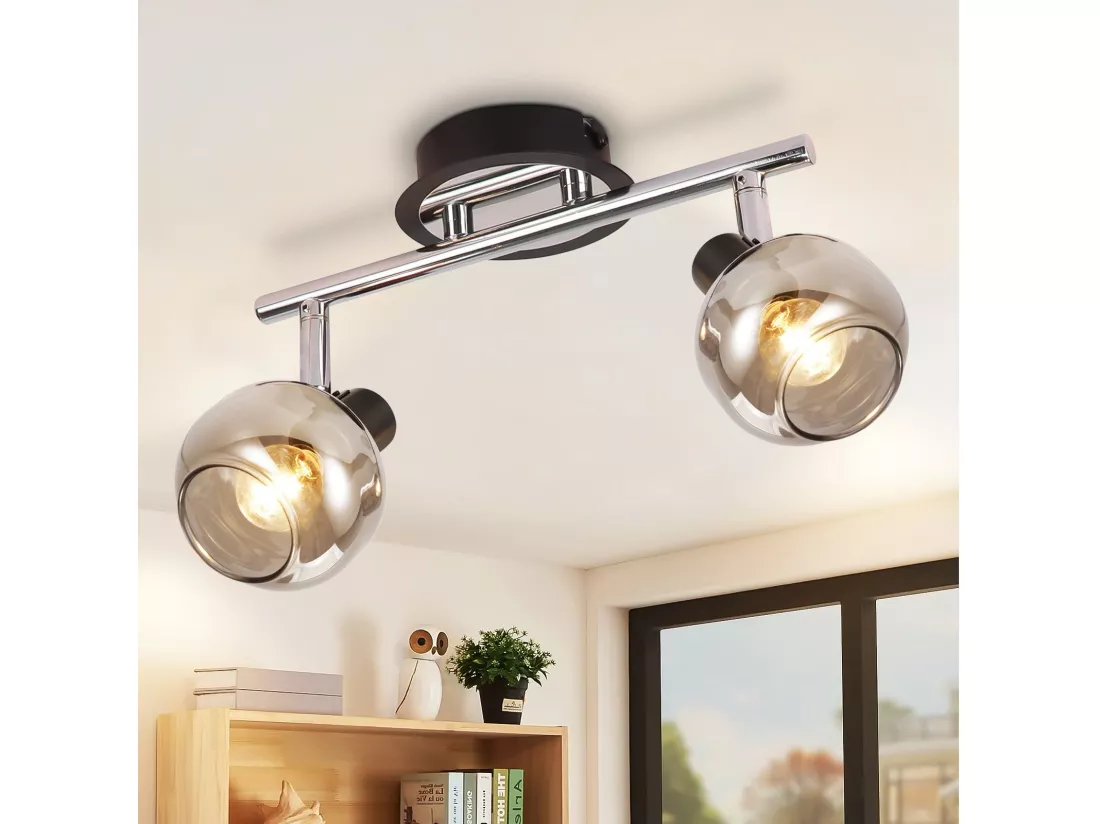 Plafonnier Spot E14 Moderne Verre Fumé 2 Flammes Plafonnier Orientable 350°