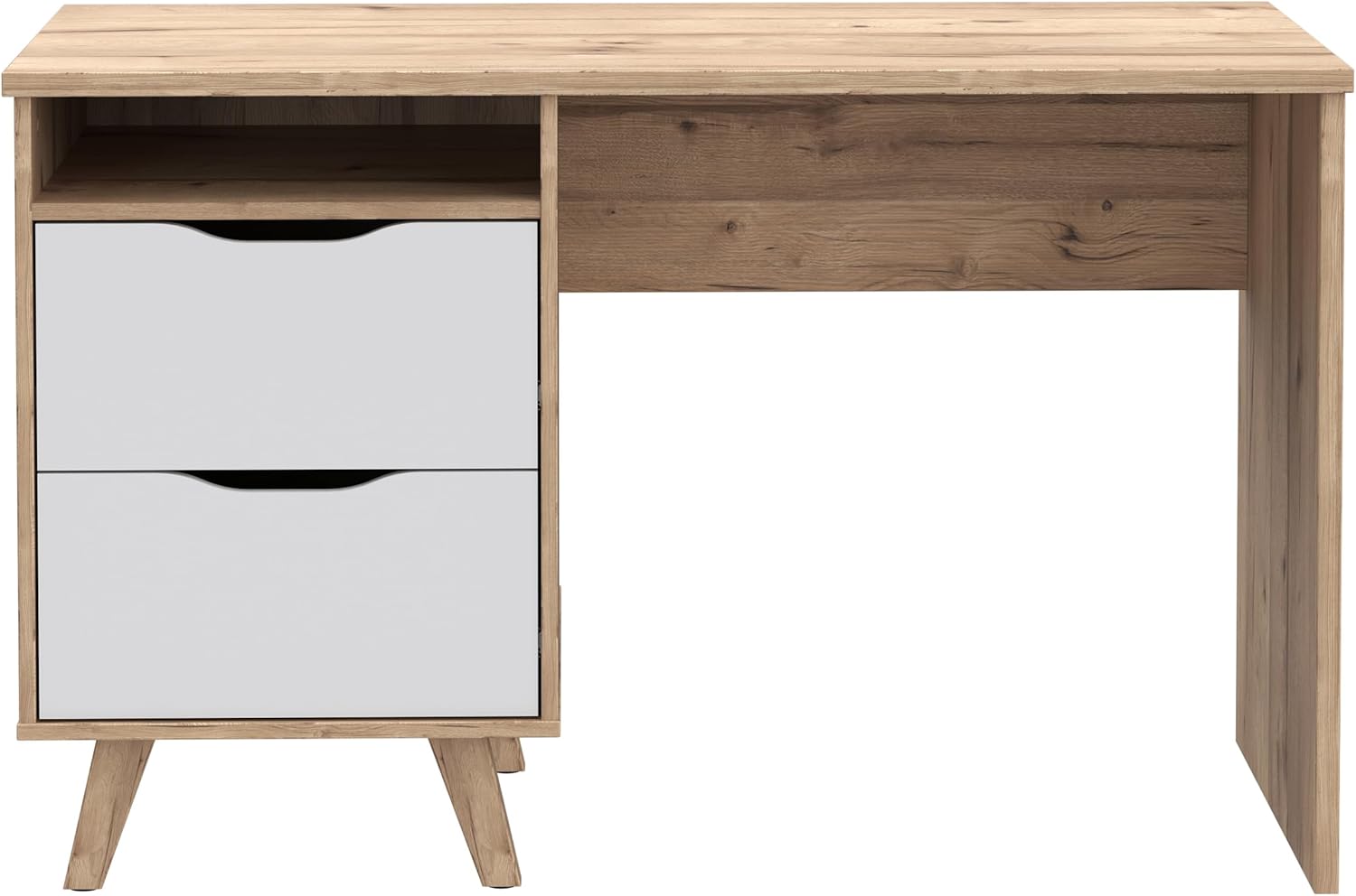 Forte VANKKA Schreibtisch 120, Skandi Schreibtisch mit 2 Schubladen, offenen Fach und filigranen Möbelbeinen, Holzwerkstoff, Planked Eiche Holzdekor, 119,7 cm breit x 75 cm hoch x 52,7 cm tief