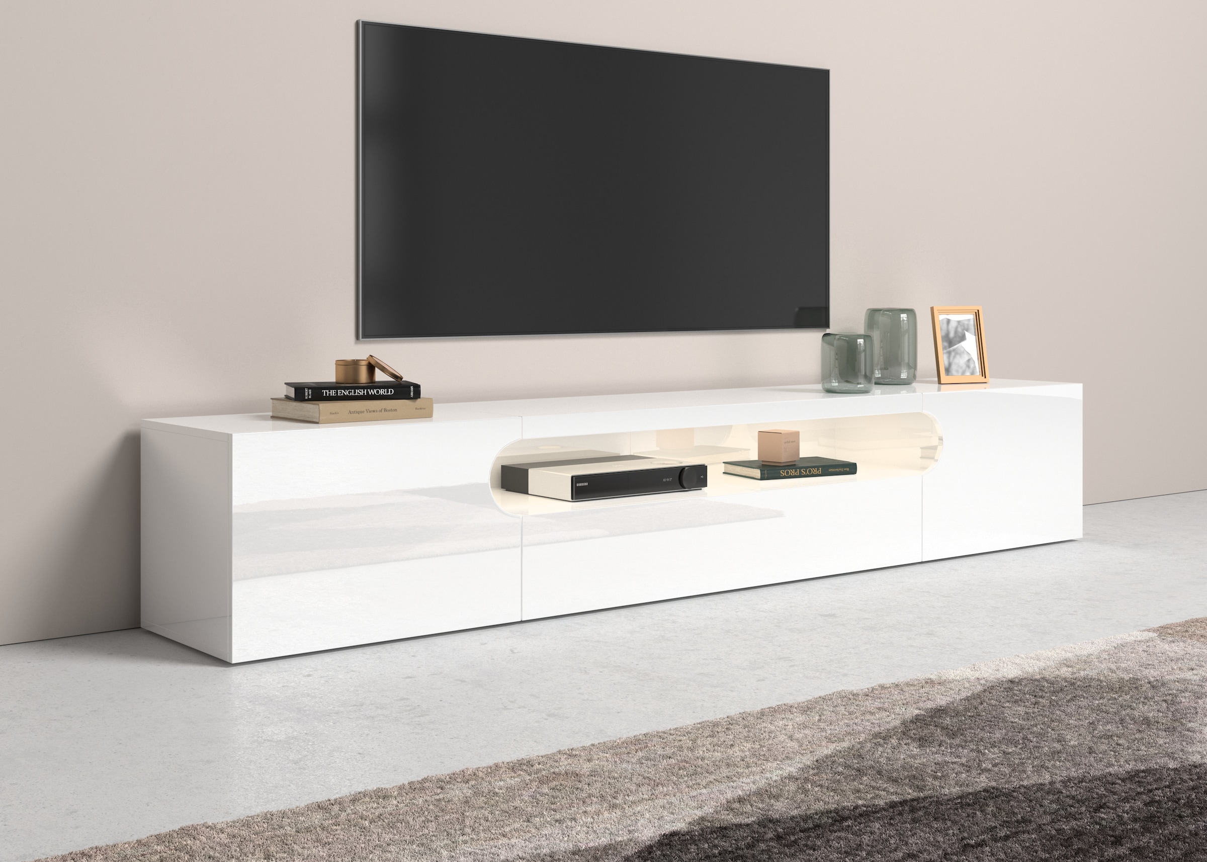 INOSIGN Lowboard »REAL TV-Möbel, 240 cm breit, 40/60 cm hoch, Hochglanz oder matt« mit 2 abgerundeten Türen, 1 Klappe, die ein ovales offenes Fach bilden