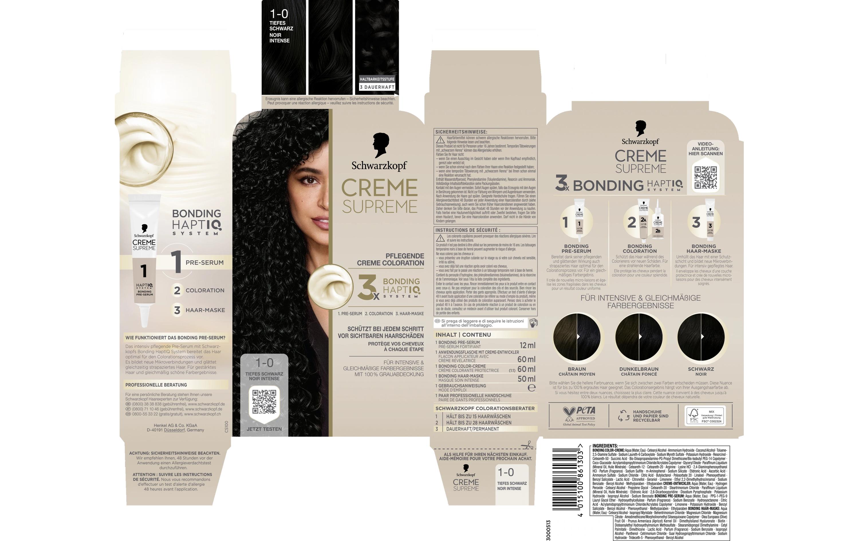 Haarcoloration Creme Supreme 1-0 Tiefes SchwarzColoration, schützt das Haar sichtbar vor Haarschäden