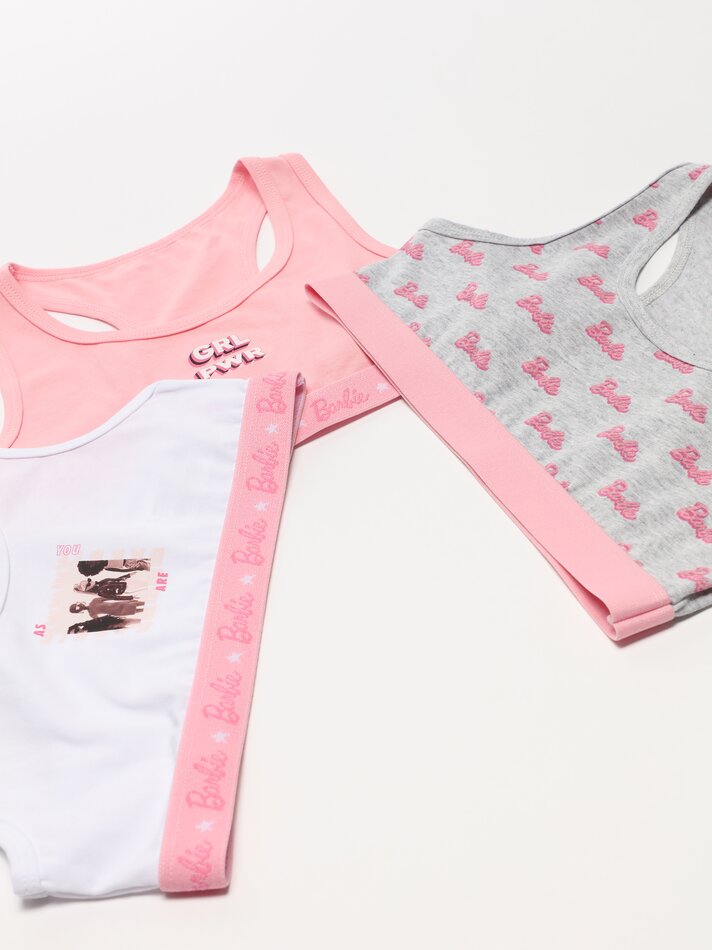 Conjunto com 3 blusas estampadas da Barbie - Cores Variadas