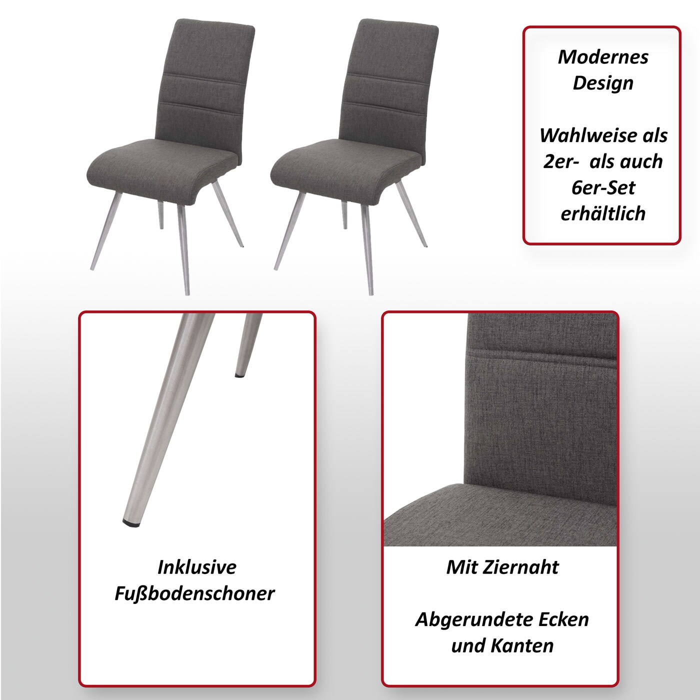 2er-Set Esszimmerstuhl MCW-G55, Küchenstuhl Stuhl, Stoff/Textil Edelstahl gebürstet ~ grau-braun