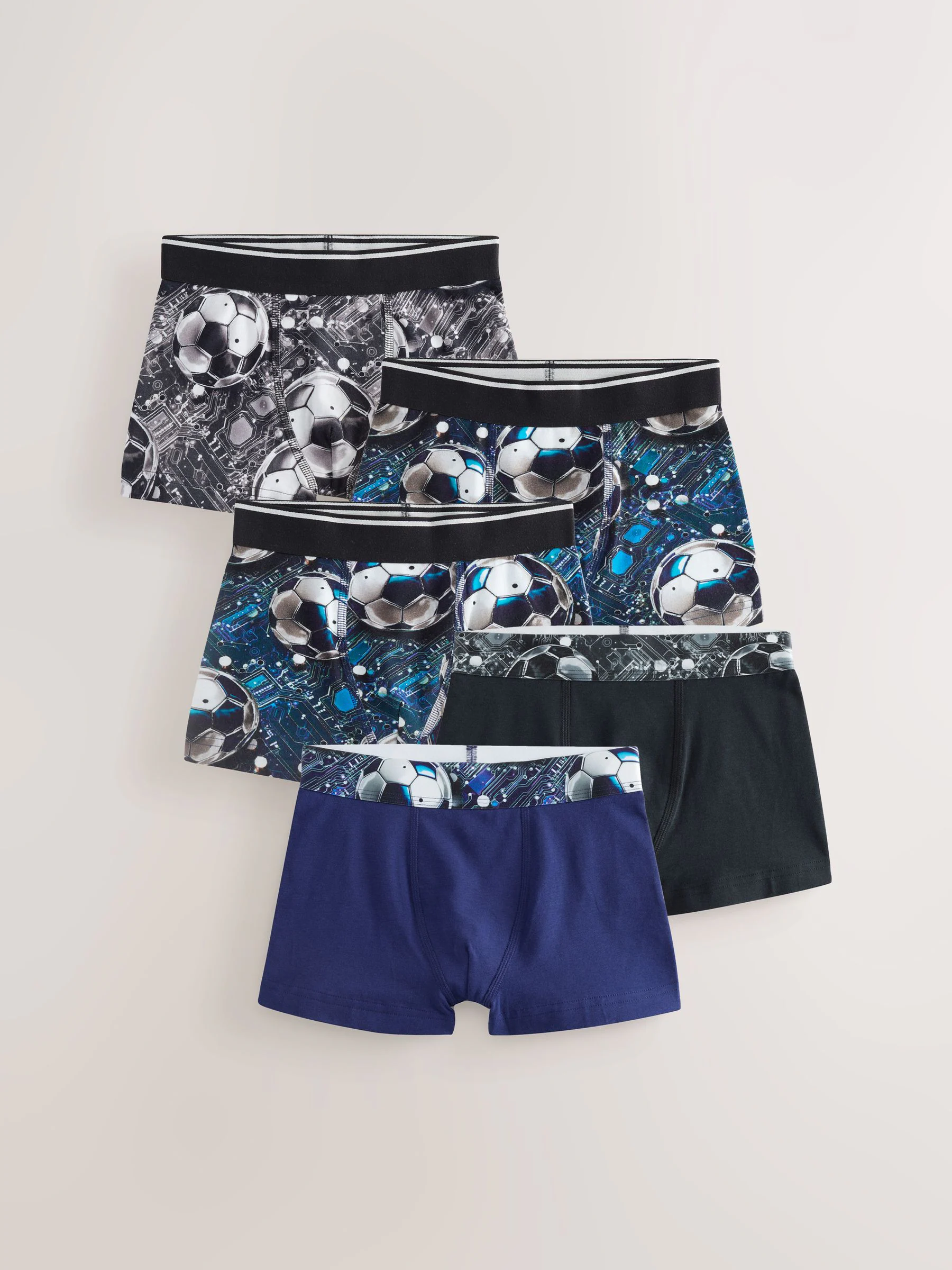 Blauw/zwart met voetbalprint - Verpakking van 5 trunks met motief (1,5-16jr)