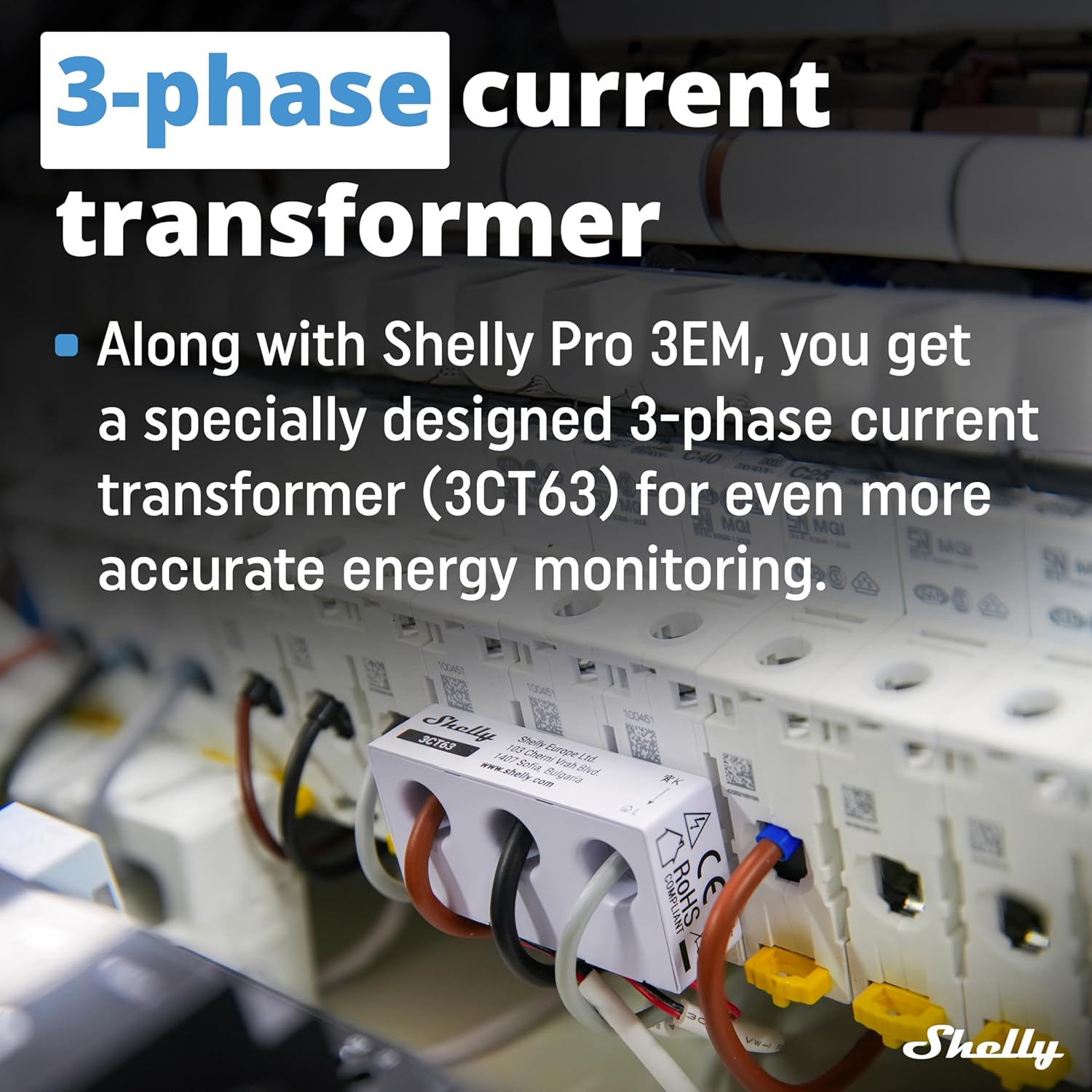 Shelly Pro 3EM - 3CT63, WLAN und LAN 3-Phasen-Energiezähler & Stromwandler, 63А, Echtzeit-Energieüberwachung, kein Hub Erforderlich, Solar-/Grid-Metering, kein Integriertes Relais, PV-kompatibel