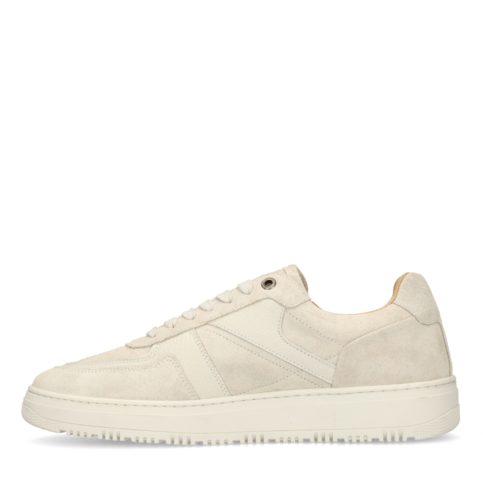 Lichtgrijze suède sneakers met leren details