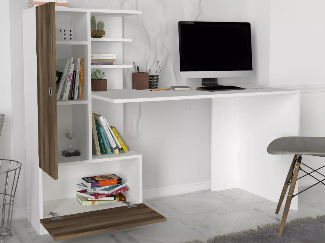 Bureau avec armoire de rangements - Blanc et naturel - MIDIALI II