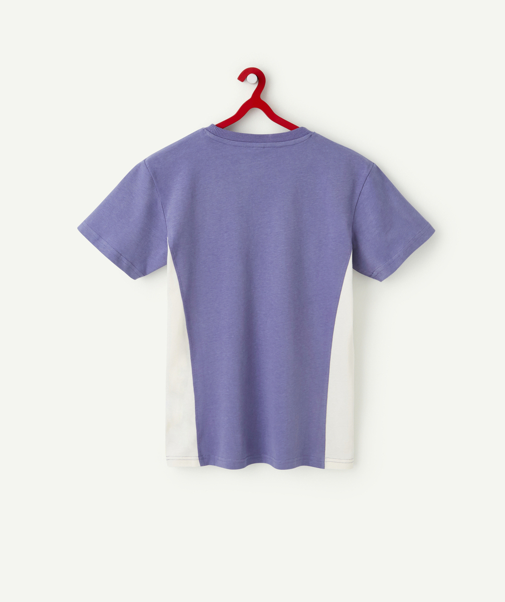T-SHIRT GARÇON EN FIBRES RECYCLÉES VIOLET AVEC BANDES BLANCHES