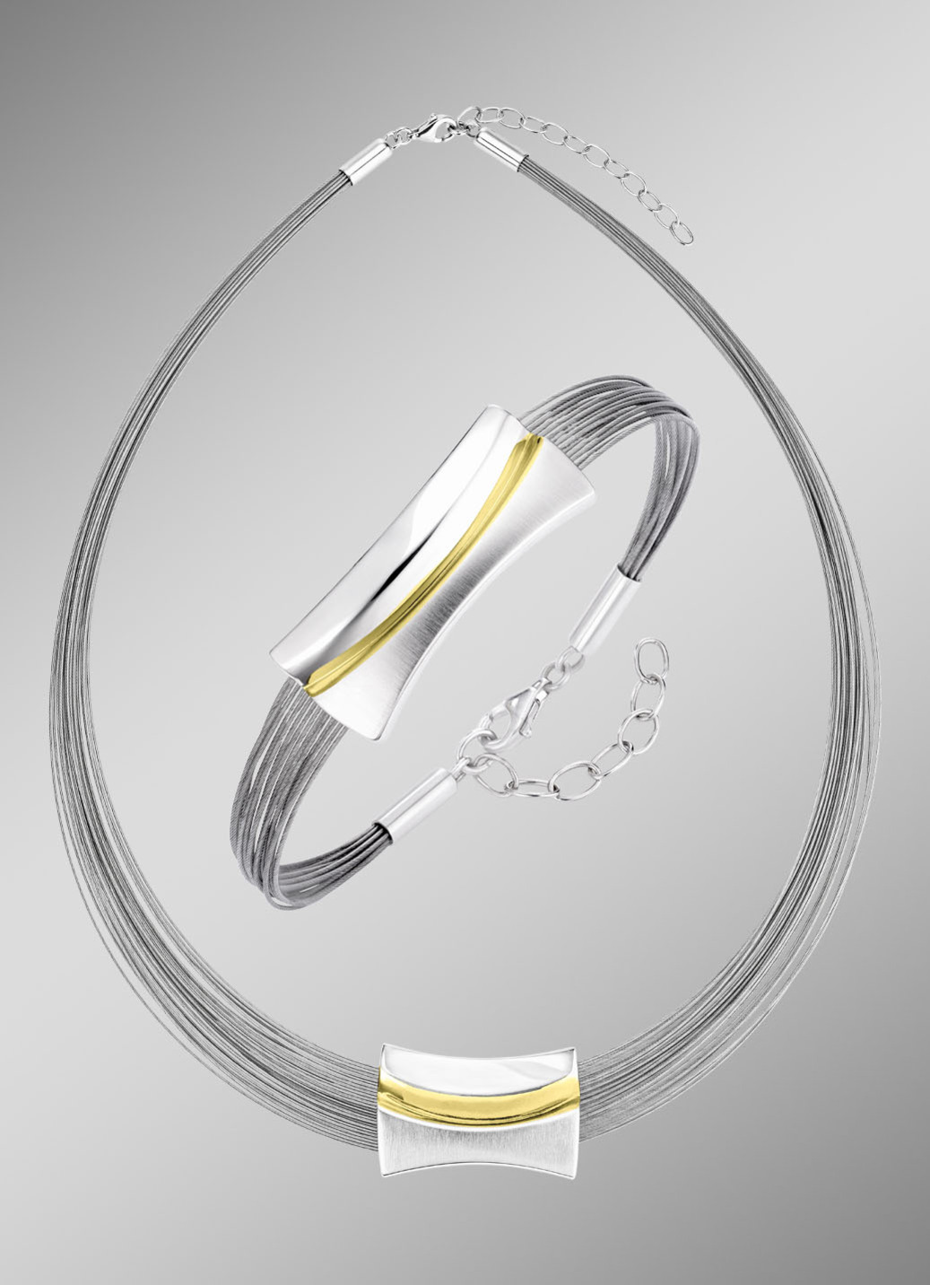 Moderne Garnitur in Bicolor aus Silber 925/- fein und Stahl