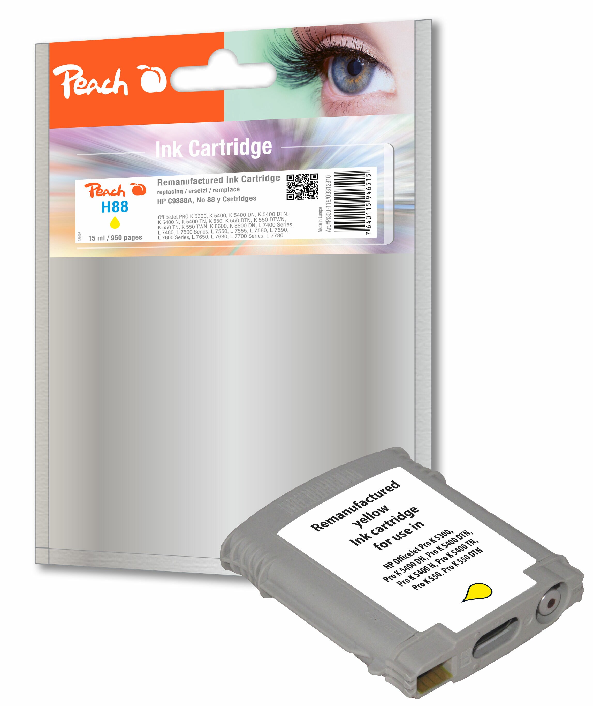 Peach HP 88 y Druckerpatrone ye ersetzt HP No. 88 y, C9388AE für z.B. HP OfficeJet Pro K 5300, HP OfficeJet Pro K 5400, HP OfficeJet Pro K 5400 DN (wiederaufbereitet)