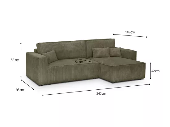 Canapé d'angle convertible réversible 4 places avec coffre de rangement en velours côtelé vert kaki - Livia