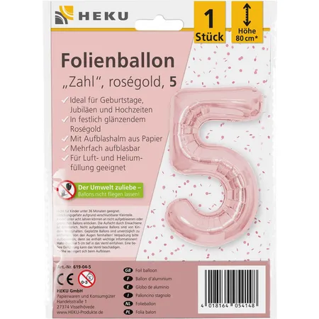 HEKU Folienballon Zahl 5, roségold, mit Aufblashalm, Höhe 80cm