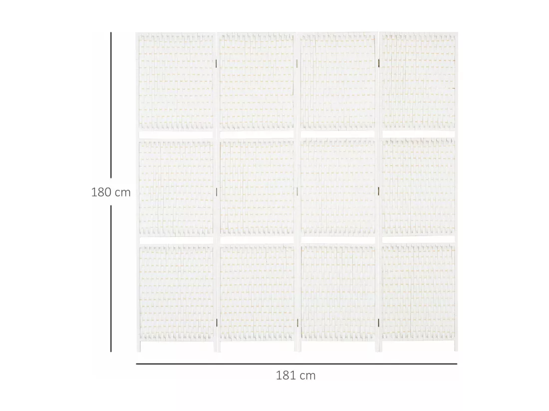 Paravent intérieur 4 panneaux 2 étagères pliables séparateur de pièce bois de pin bambou fibres de papier tressée blanc paille