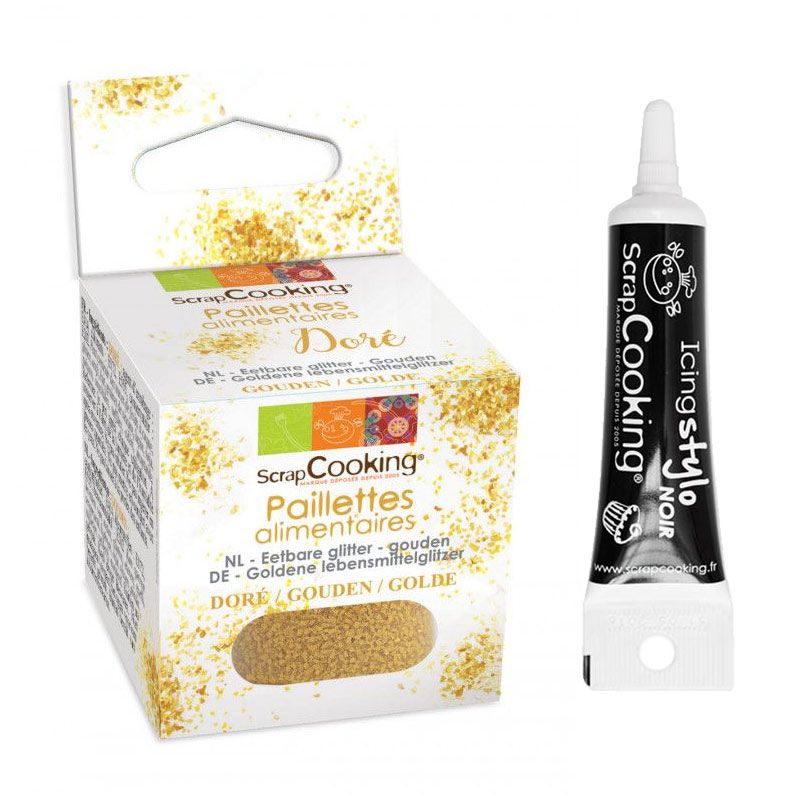 Paillettes alimentaires dorées + Stylo de glaçage noir Scrapcooking