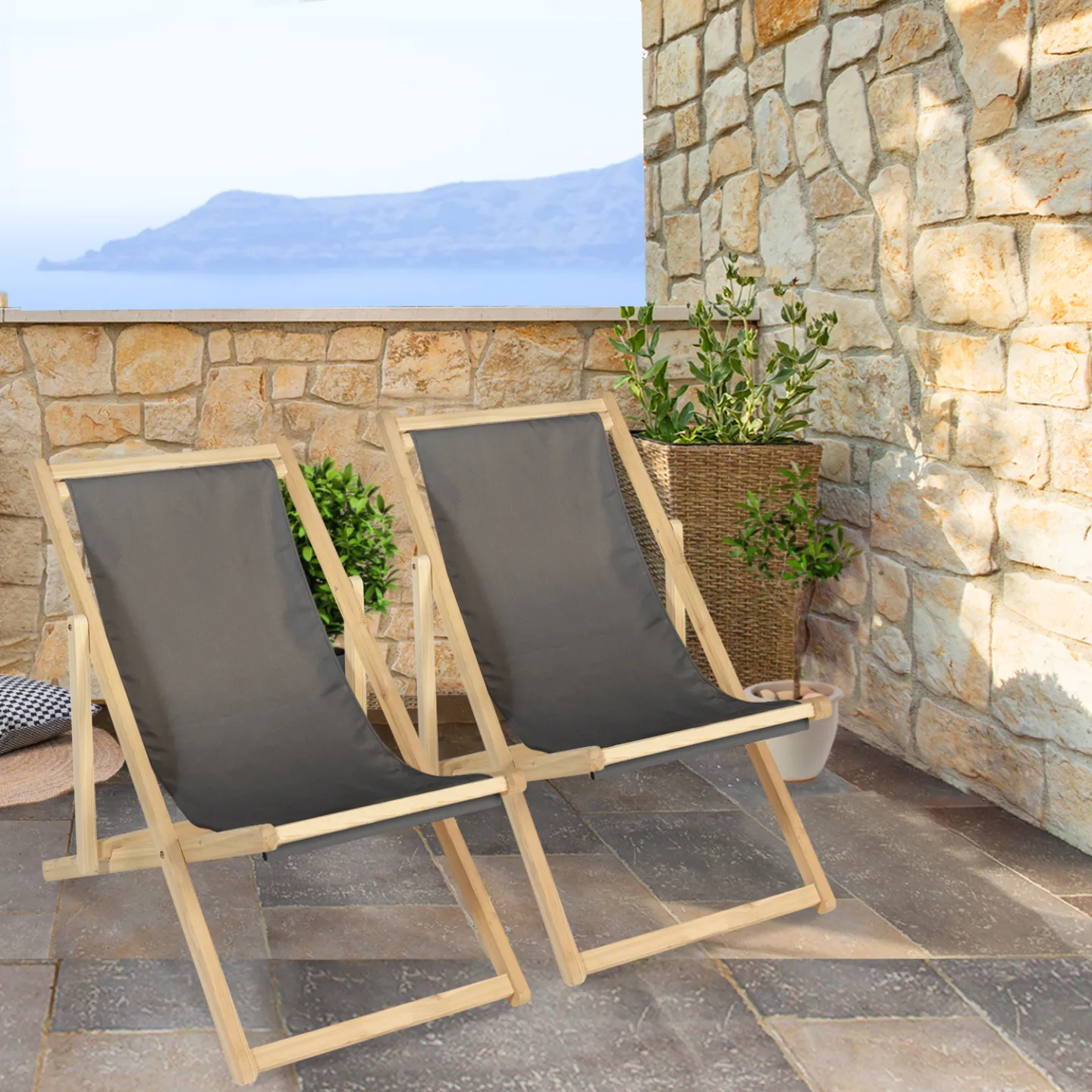 Lot de 2 chaises longues pliantes chilienne bois toile gris anthracite