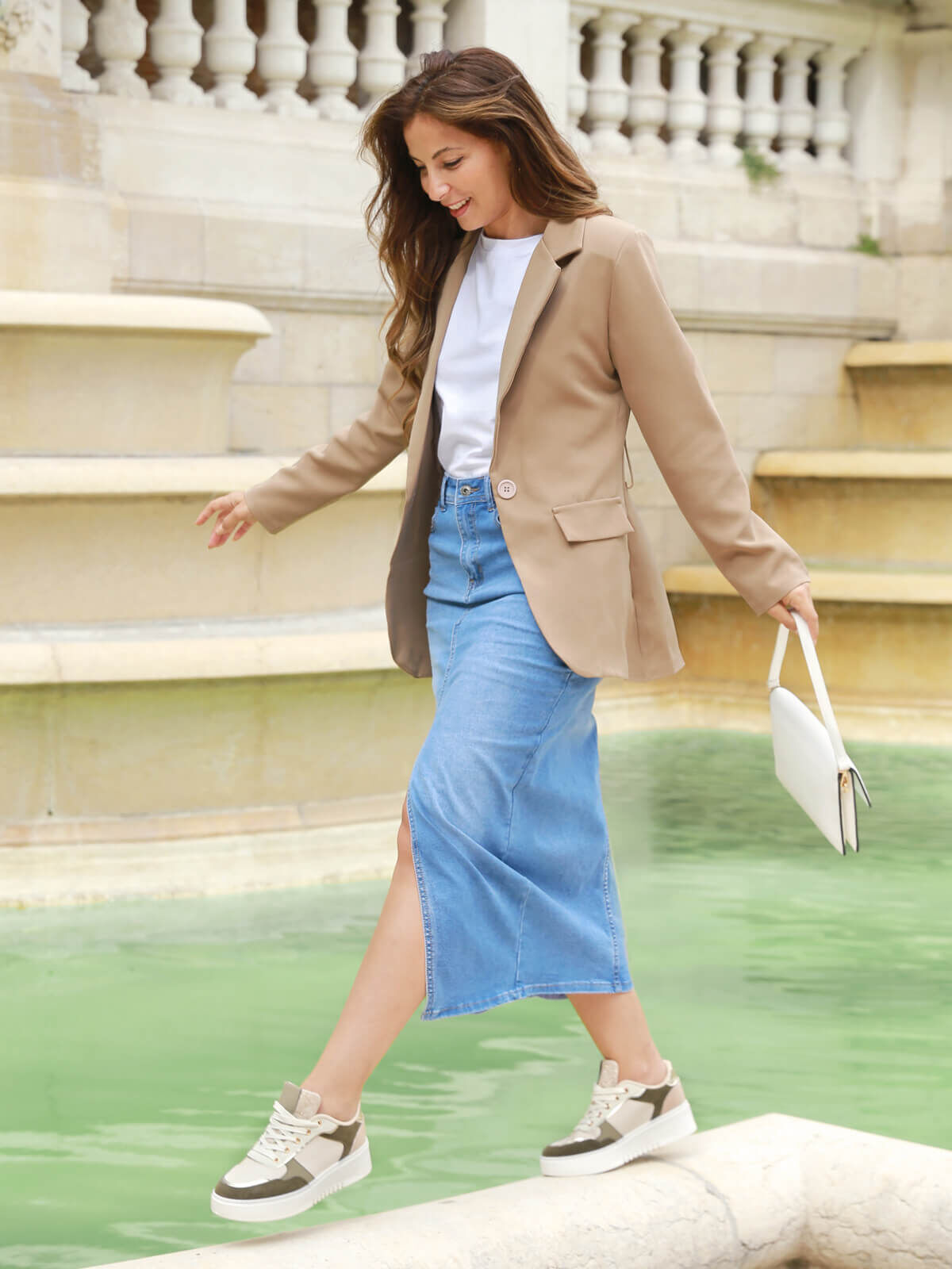 Jupe en denim mi-longue et fendue- Bleu