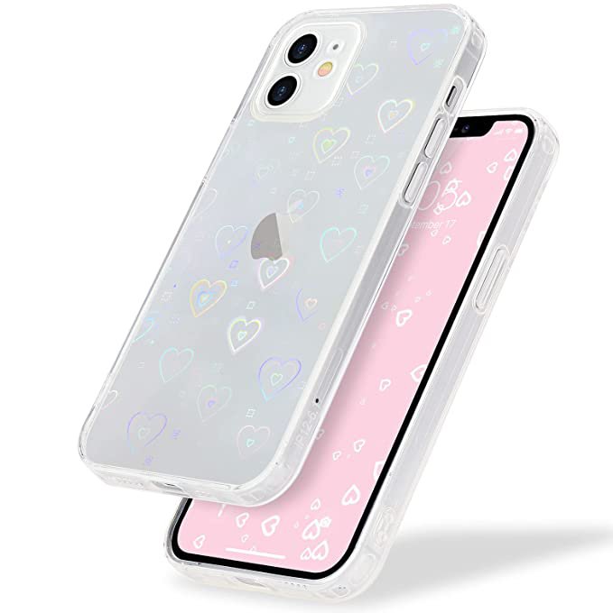 iPhone 12 Hybrid Hülle TPU Bumper   Laser Hologramm Glitzer Herze - Transparent