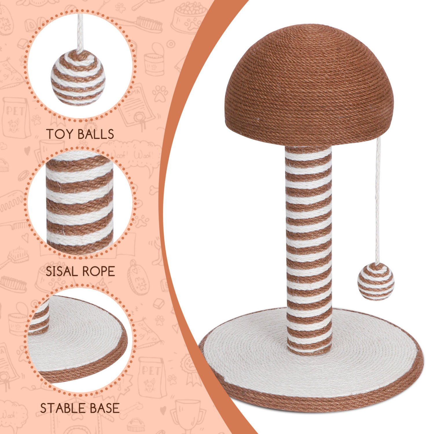 Nobleza – Arranhador de sisal para gatos com brinquedo. Tamanho pequeno. Dimensões: 30 cm (comprimento) x 30 cm (largura) x 42 cm (altura).
