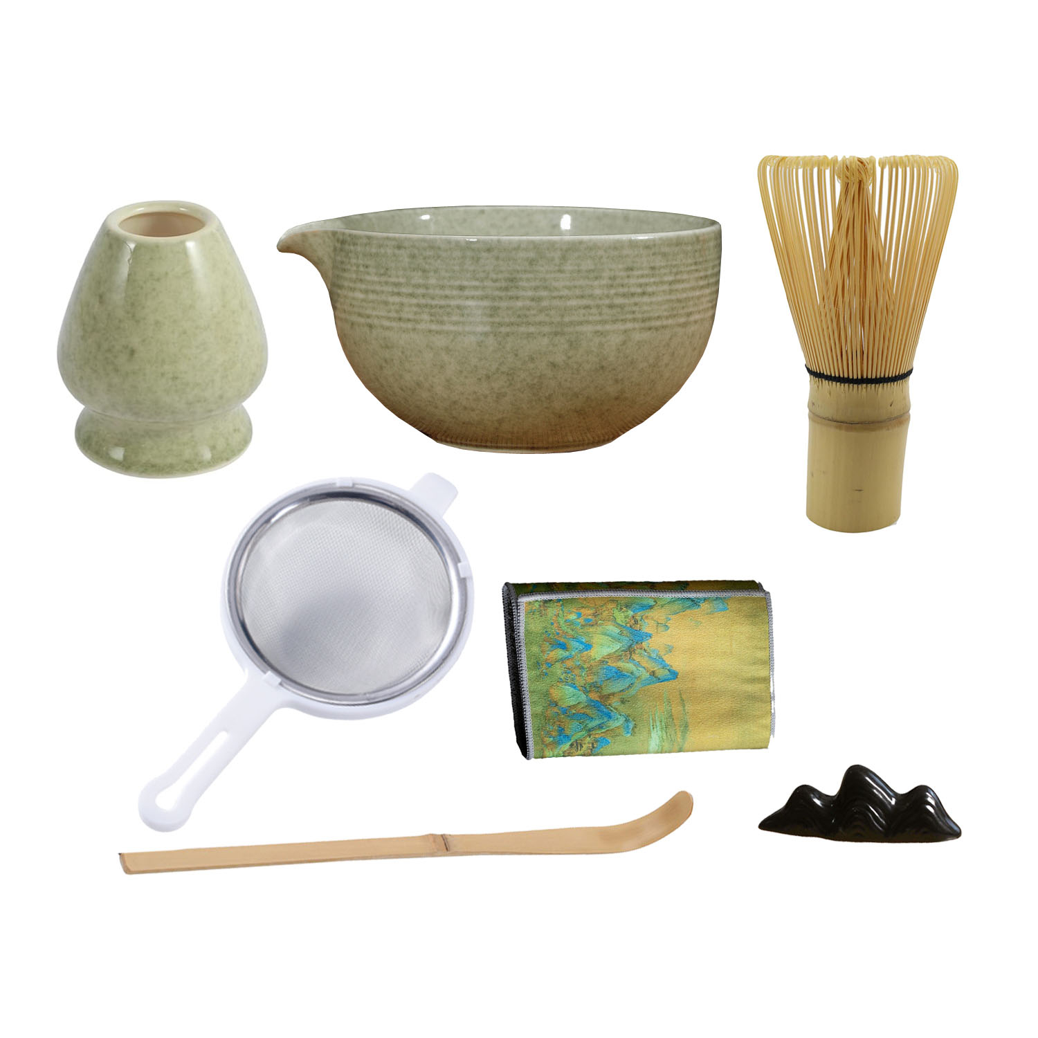 (7-tlg. Set) Keramik Matcha Tee Kit Japanisches Teezeremonie Zubehör mit Chasen Rührbesen / Schale / Halter / Löffel - Grün