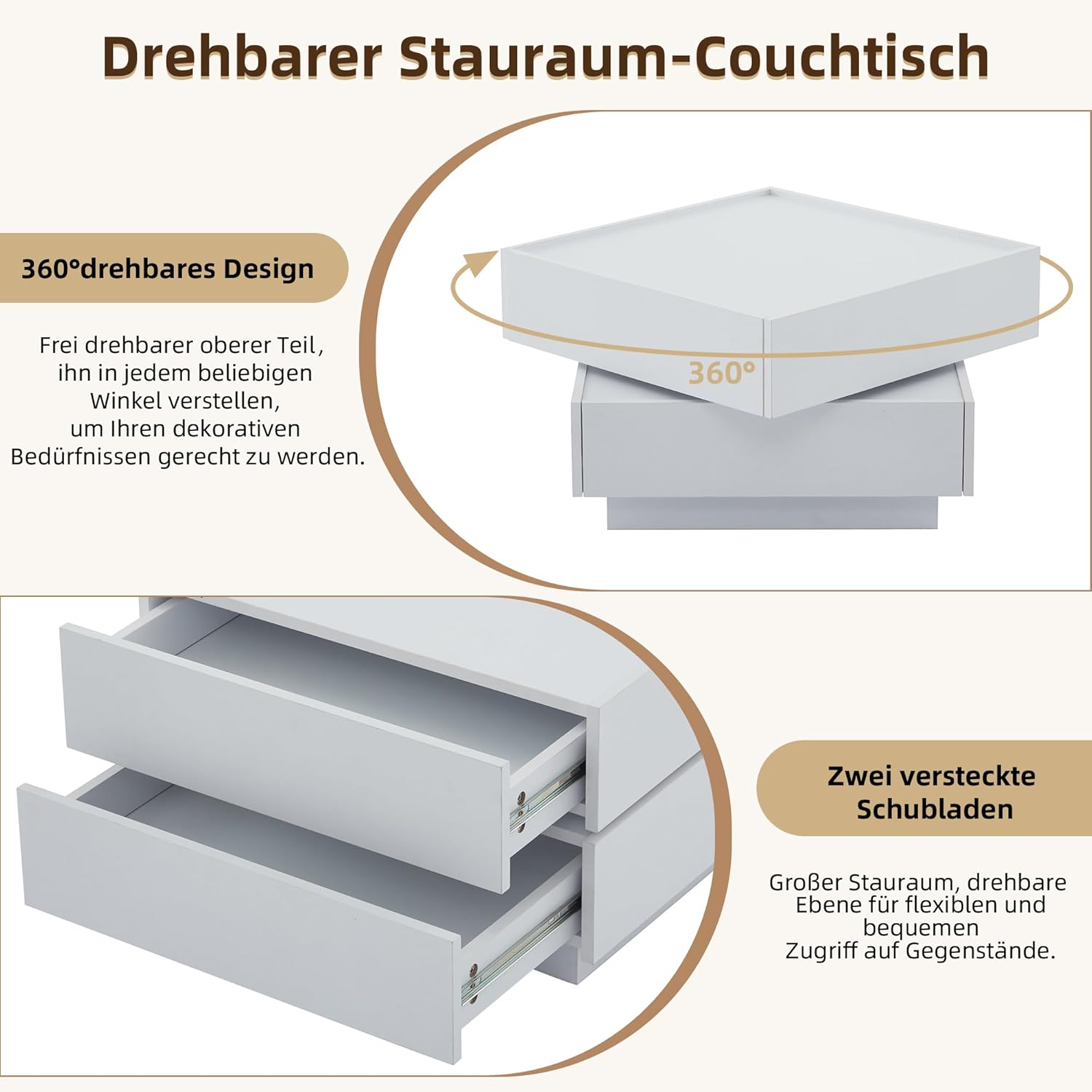 BTM Funktionaler Couchtisch für das Wohnzimmer, 360° drehbar, drehbare Tischplatte mit 2 Ablagen und Stauraum, Gestell Wohnzimmerbeistelltisch reinweiß, 60x60x38 cm