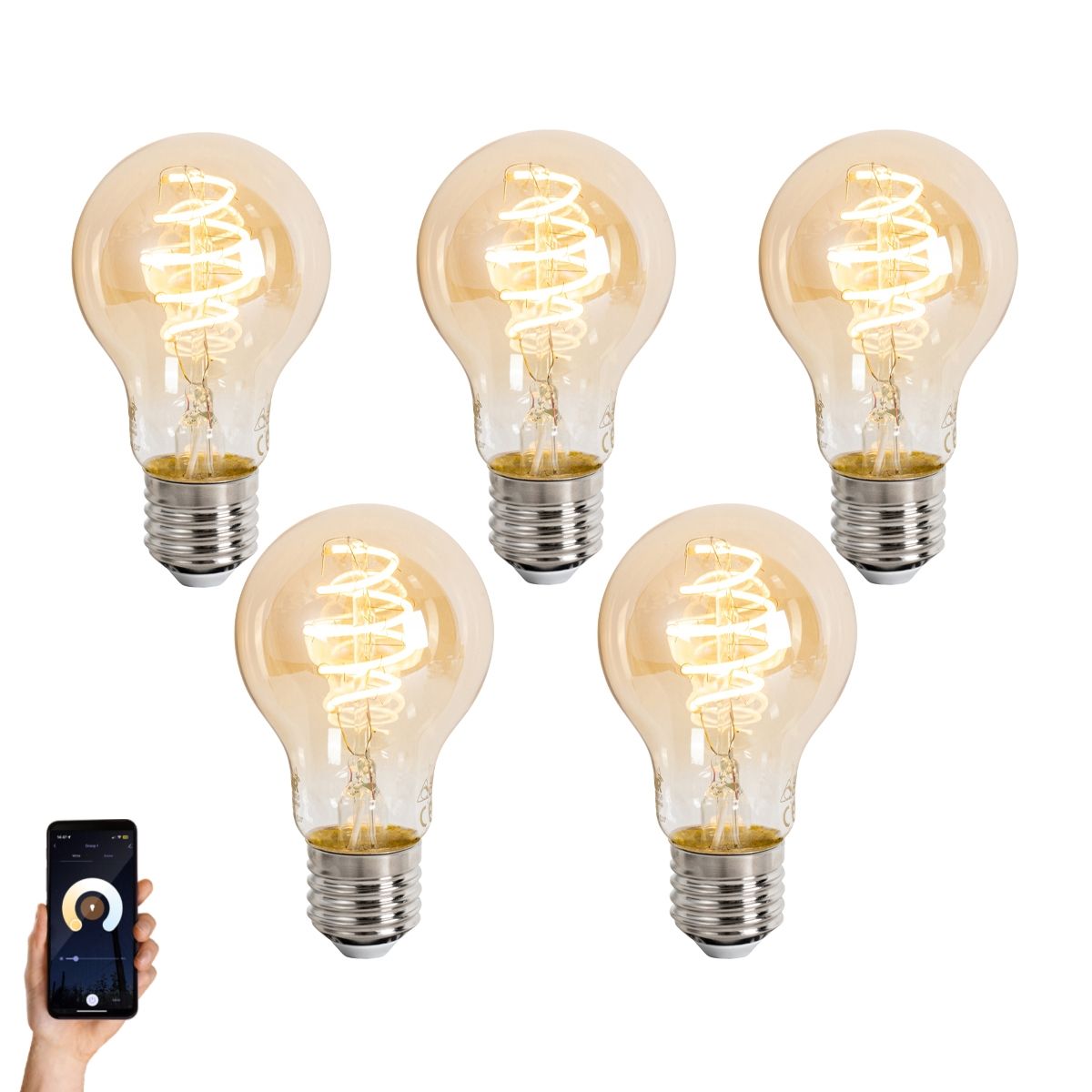 Set van 5 Smart E27 dimbare LED lampen A60 amber 4.9W 320 lm 2500K