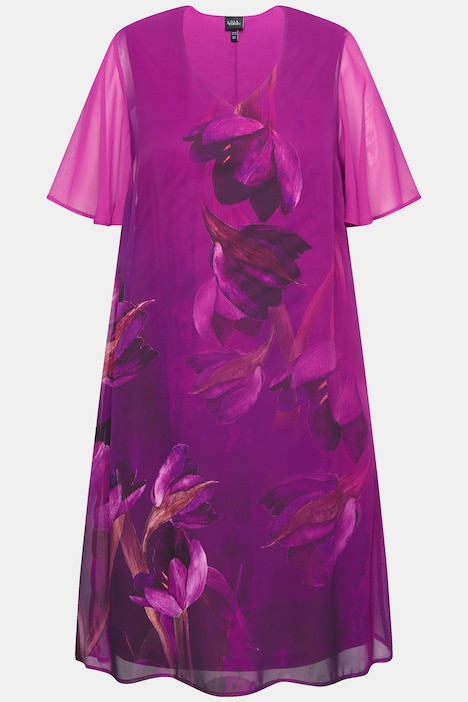 Kleid, Blüten, A-Linie, V-Ausschnitt, Cup-Halbarm