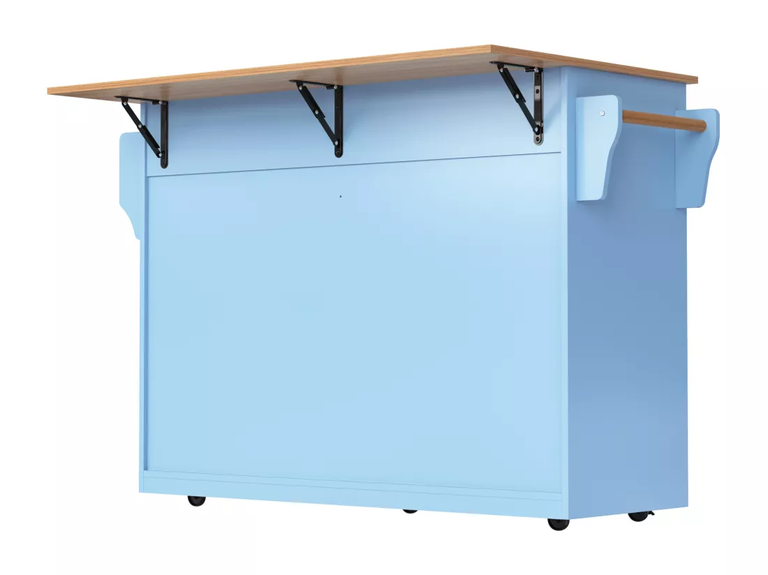 Ilot central de cuisine - 2 tiroirs et 4 compartiments - pieds en roulettes ou en bois - Bleu