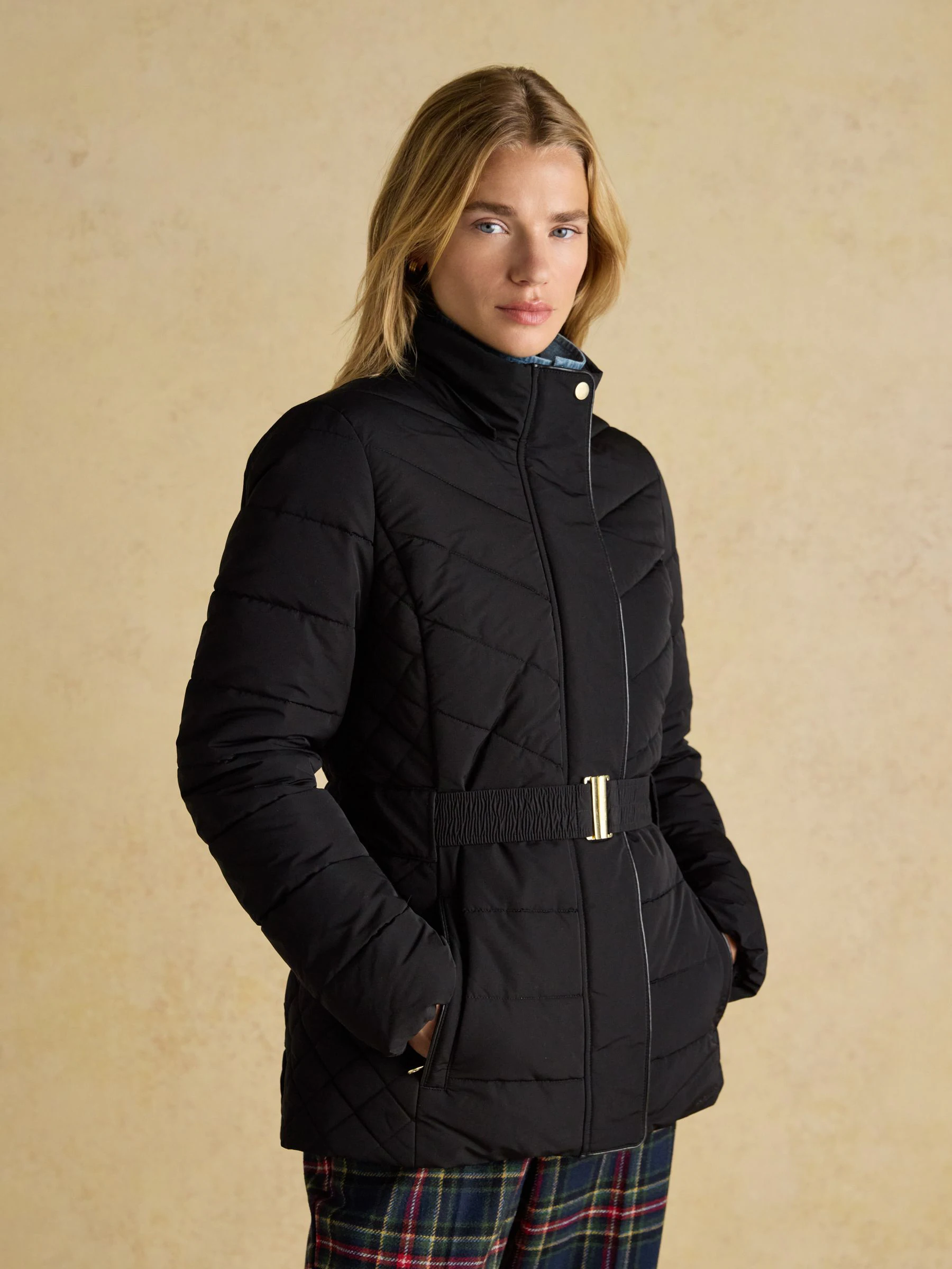 Zwart - Joules Aspen Showerproof Padded Coat with Faux Fur Hood
