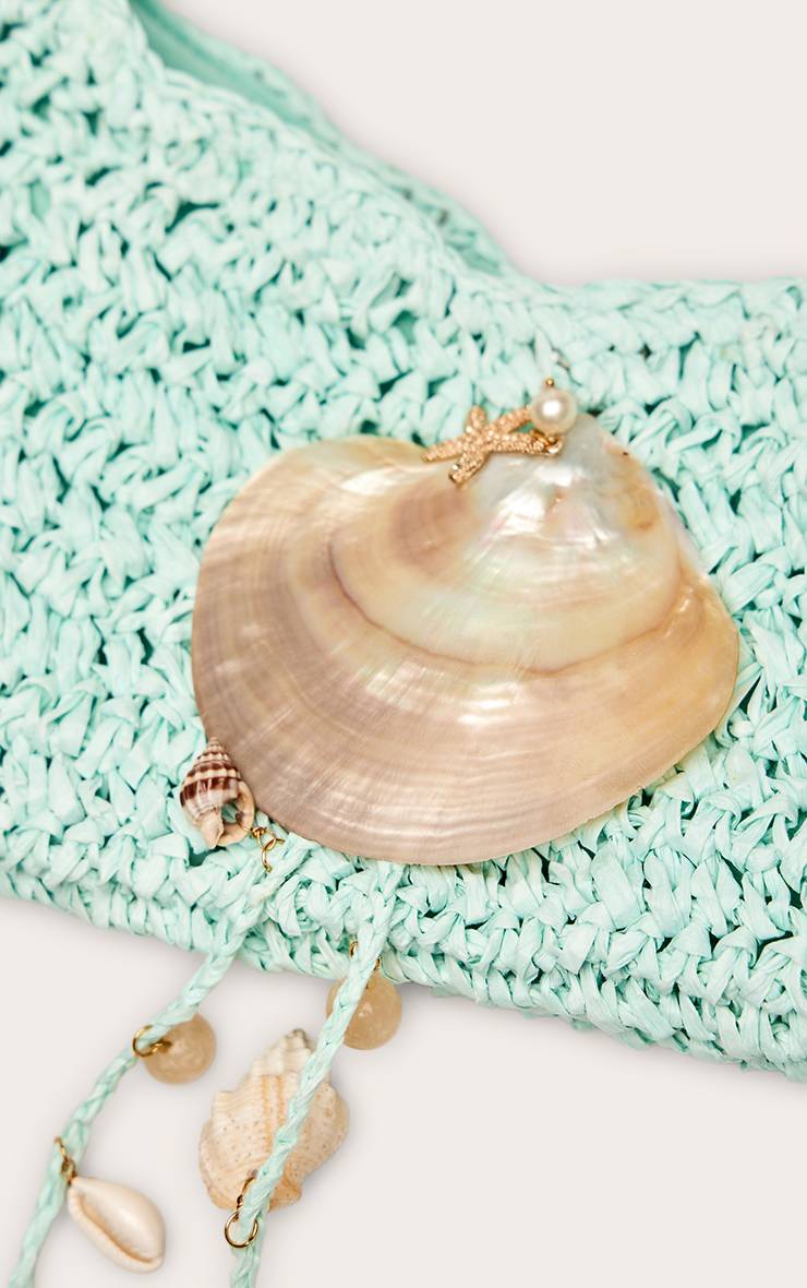 Bleu Aqua Sac Porté Épaule En Raphia Avec Détail Coquillage