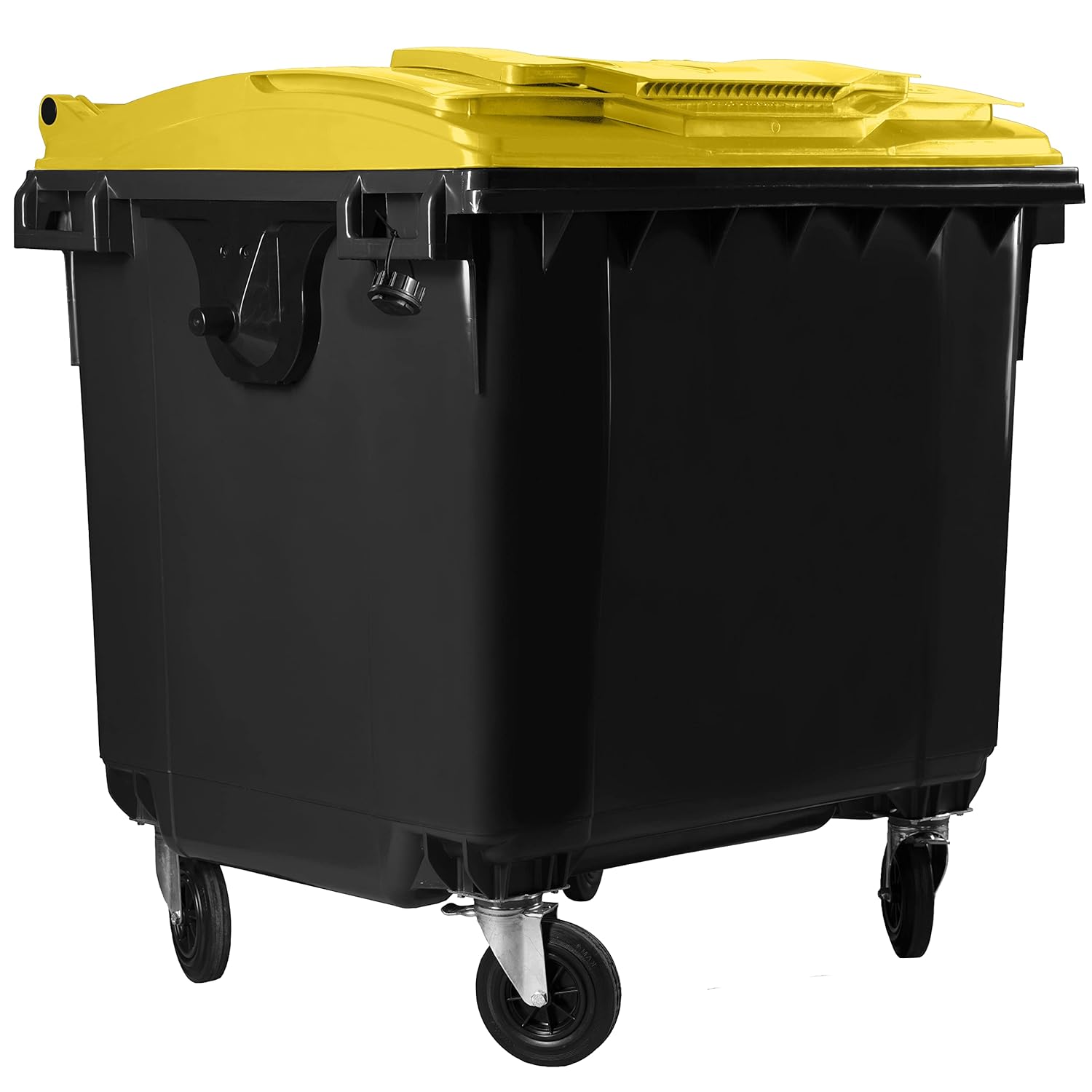Hardwex Müllcontainer mit 4 Rädern mit Flachdeckel, Deckel im Deckel, Müllgroßbehälter, Abfalltonne, Mülltonne, Volumen: 1 100 Liter, Grau/Gelb, Größe: 1 344 x 1 370 x 1 070 mm