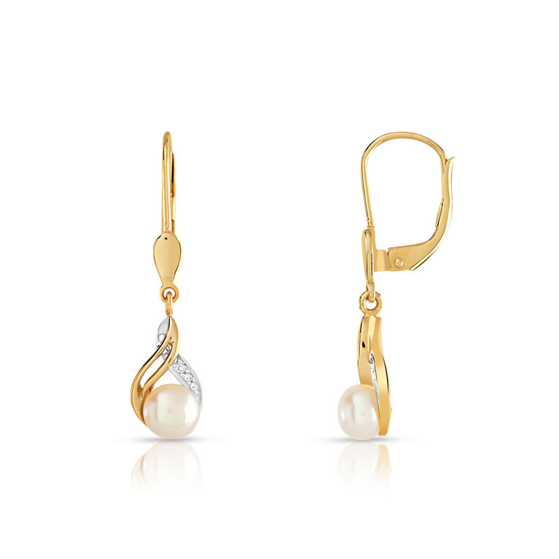 Boucles d'oreilles or 375 2 tons dormeuses perles de culture de Chine et diamants