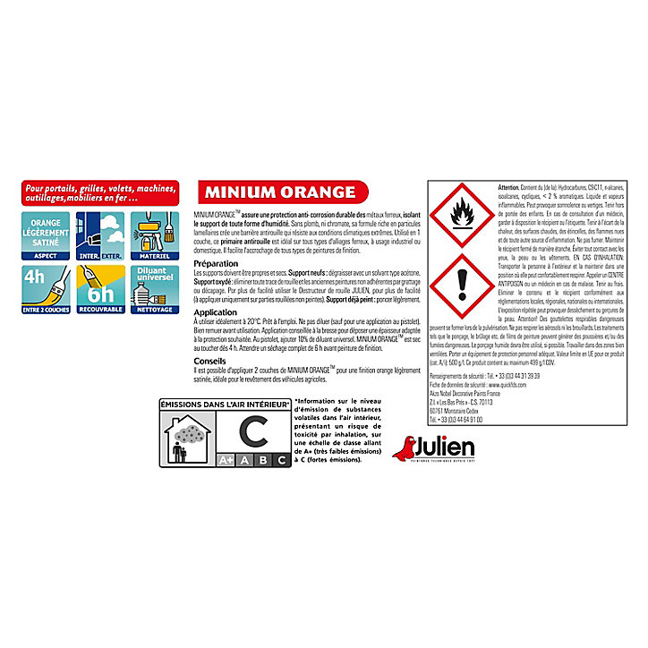Peinture extérieure protection antirouille Minium Julien mat orange mat 250ml