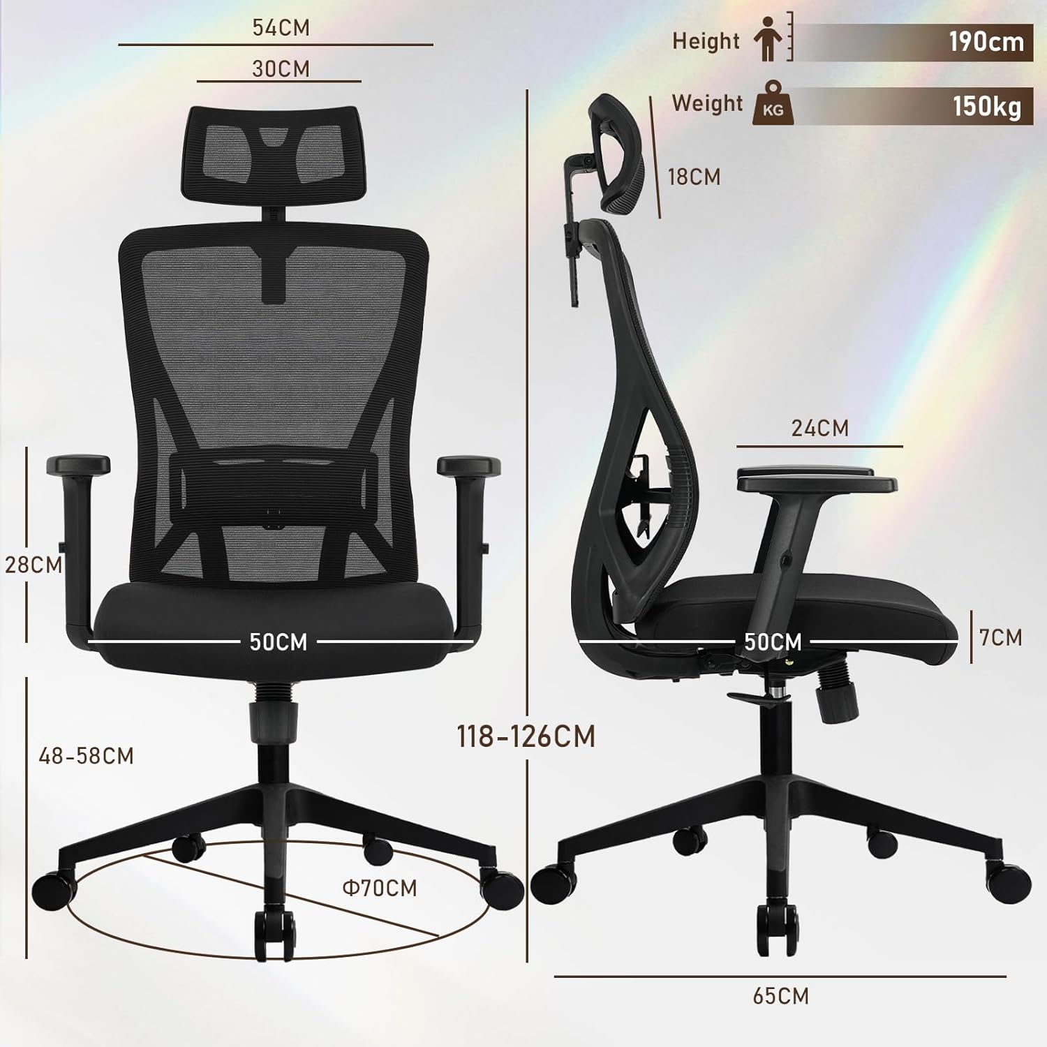 Bürostuhl Ergonomisch, Drehstuhl mit Mesh, Schreibtischstuhl mit Verstellbarer Kopfstütze und Armlehnen, Höhenverstellung und Wippfunktion, Rückenschonend, Tragfähigkeit 150 kg