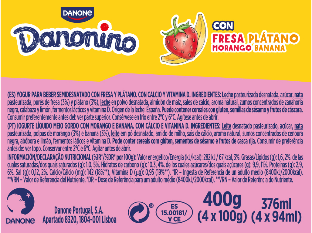 IOGURTE INFANTIL DANONINO P/BEBER MORANGO BANANA 4X100G