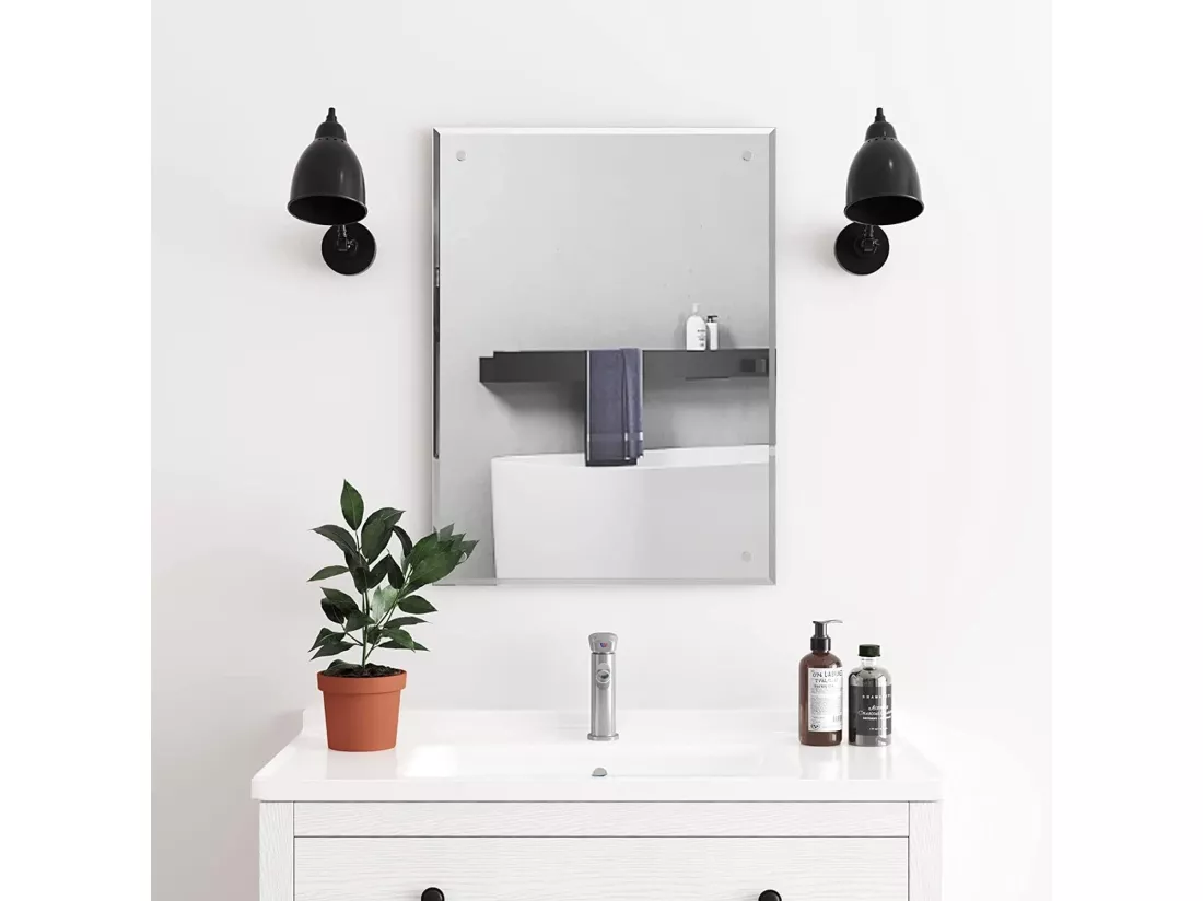 Miroir de Salle de Bain 60x45cm, Miroir Mural Rectangulaire avec Bord Poli, Miroir Maquillage