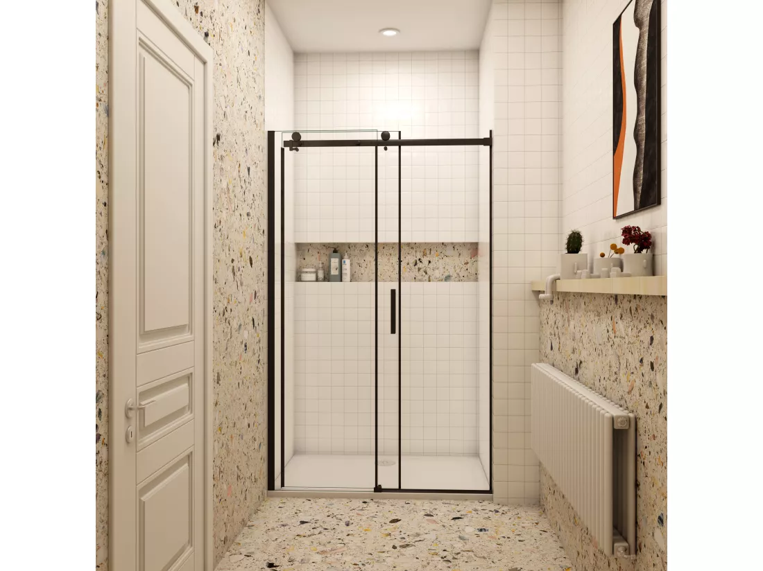 AICA porte de douche coulissante 110x200cm, noir mat style atelier, porte de douche coulissante noir en 8mm verre anticalcaire