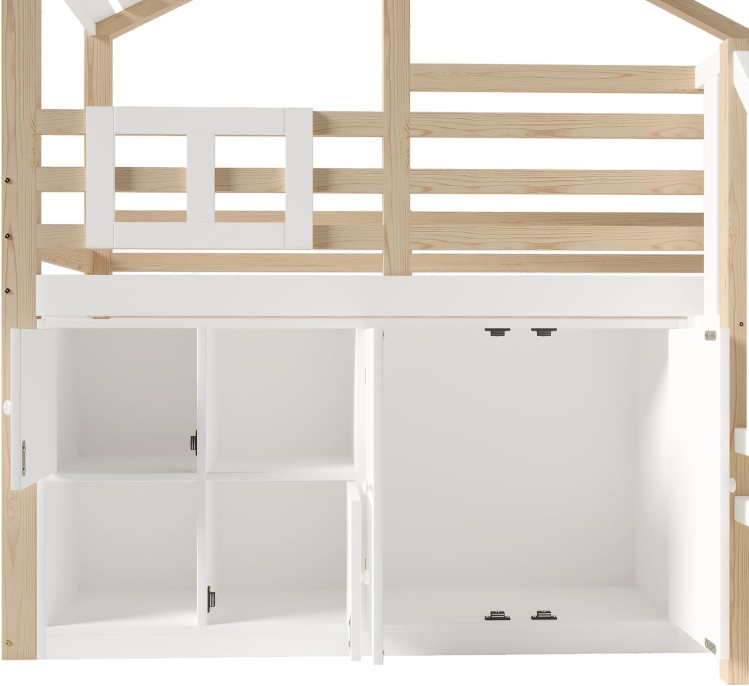 Kinderbett Hochbett 90x200 cm mit Dach und Treppe, Hausbett Etagenbett mit Rausfallschutz und Stauraum, Einzelbett Holzbett mit Fenster und Stauschrank, Weiß+Natur, Ohne Matratze