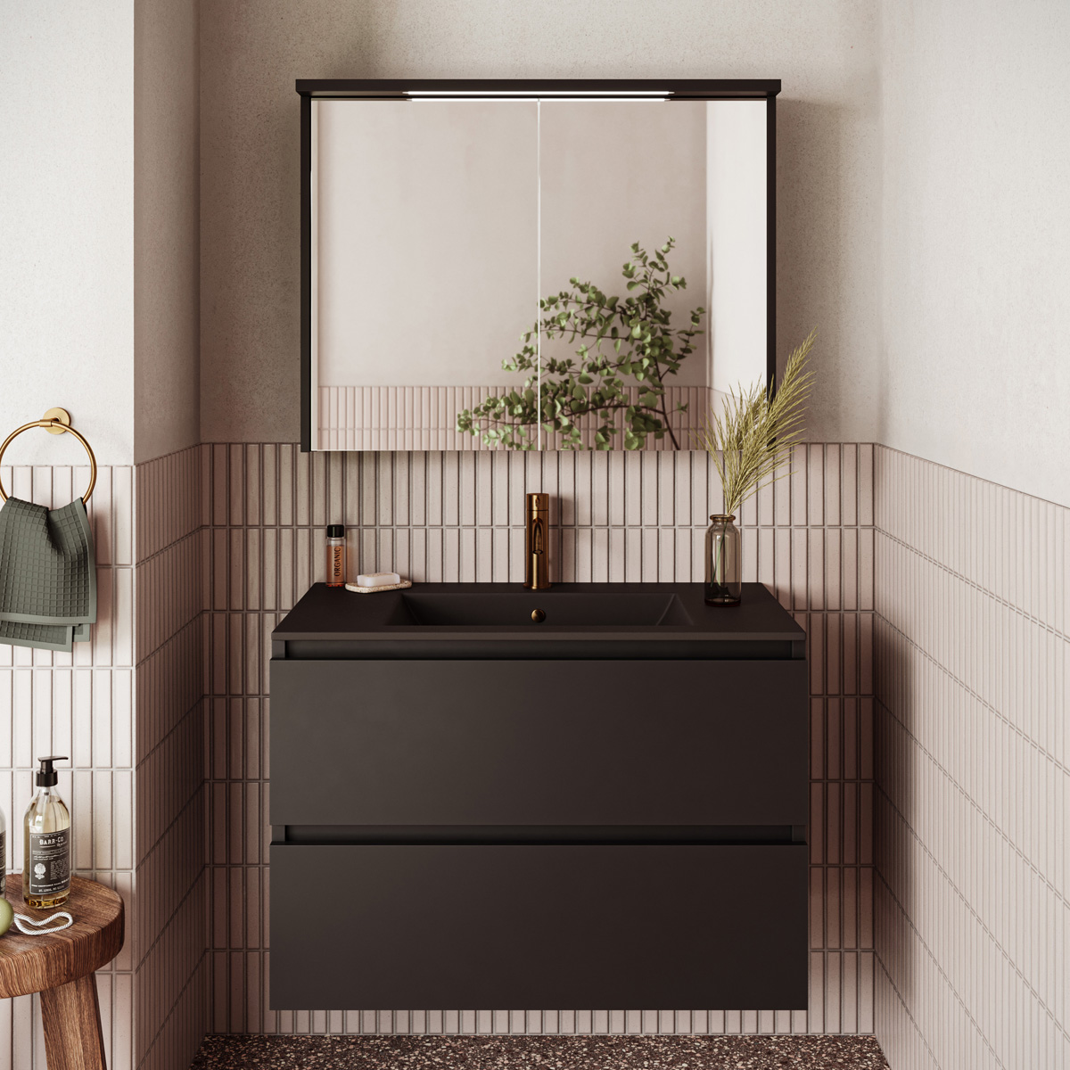 Fontana Rovigo badmeubel 80cm zwart mat met zwarte wastafel met kraangat en spiegelkast met verlichting