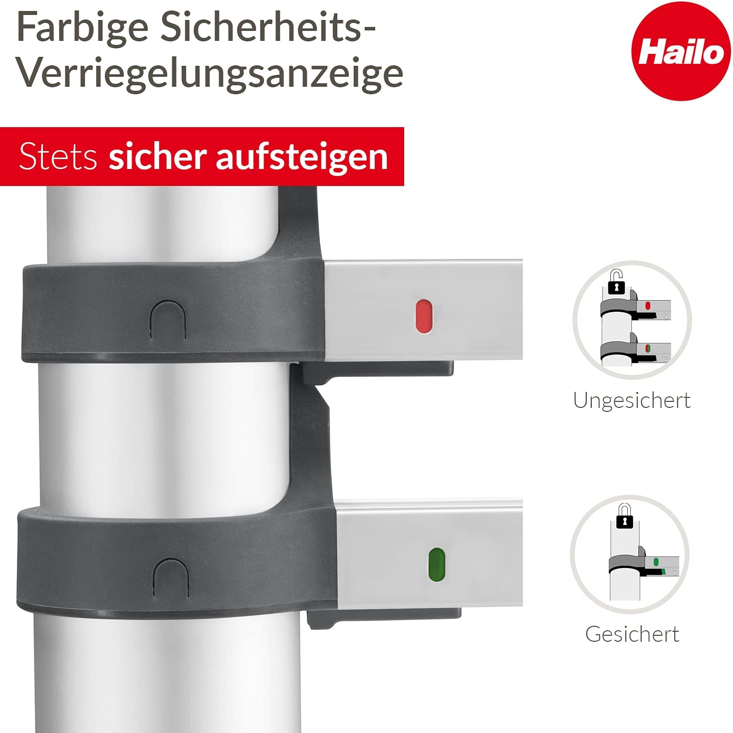 Hailo T80 FlexLine Alu-Sicherheits-Teleskopleiter - ausziehbare Anlegeleiter mit 9 Sprossen - Arbeitshöhe bis 340 cm - Gewicht 8,1 kg - Silber