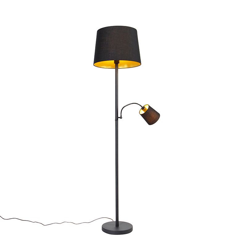 Klassieke vloerlamp zwart met goud en leeslampje - Retro