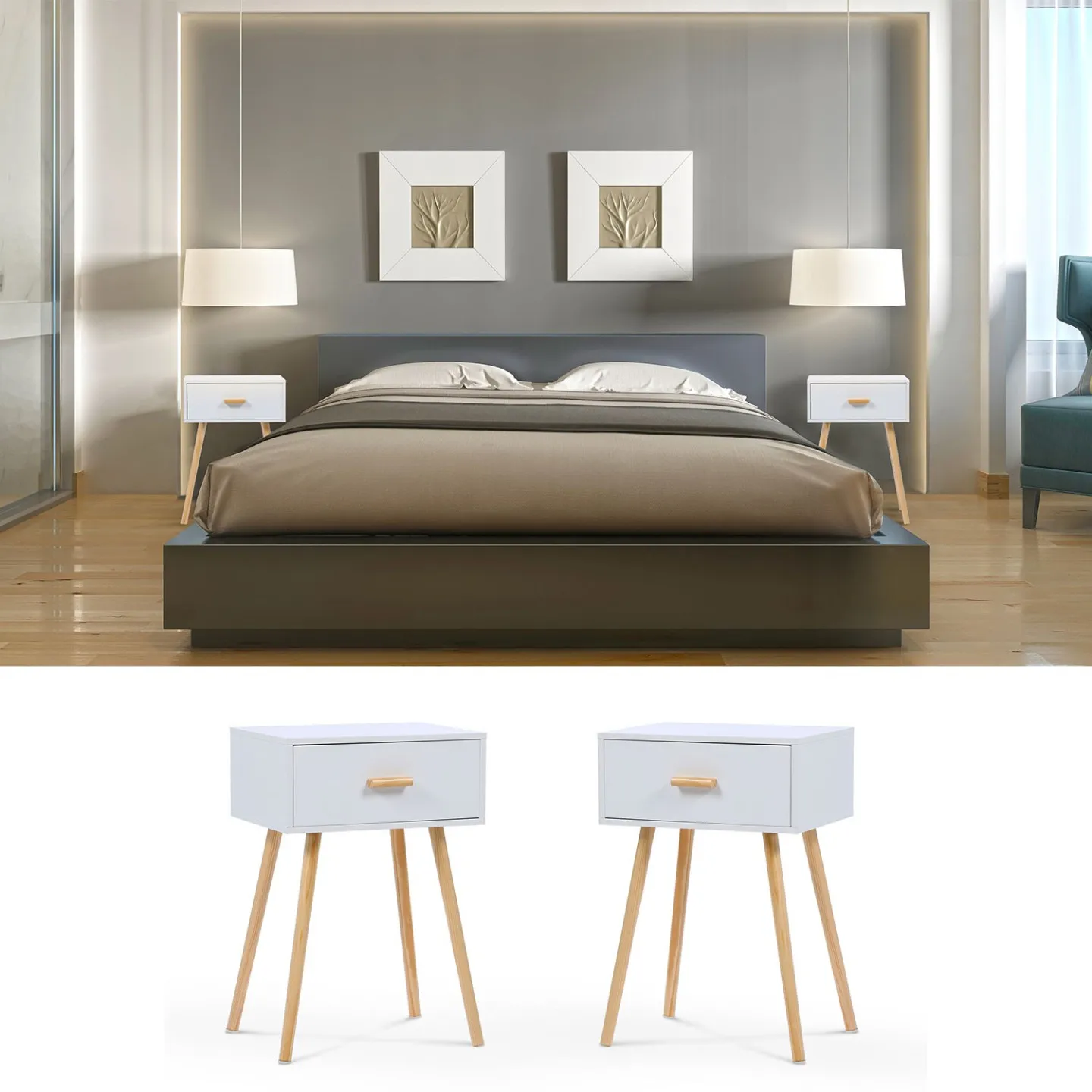 Lot de 2 tables de chevet EIYA scandinaves 1 tiroir bois blanc