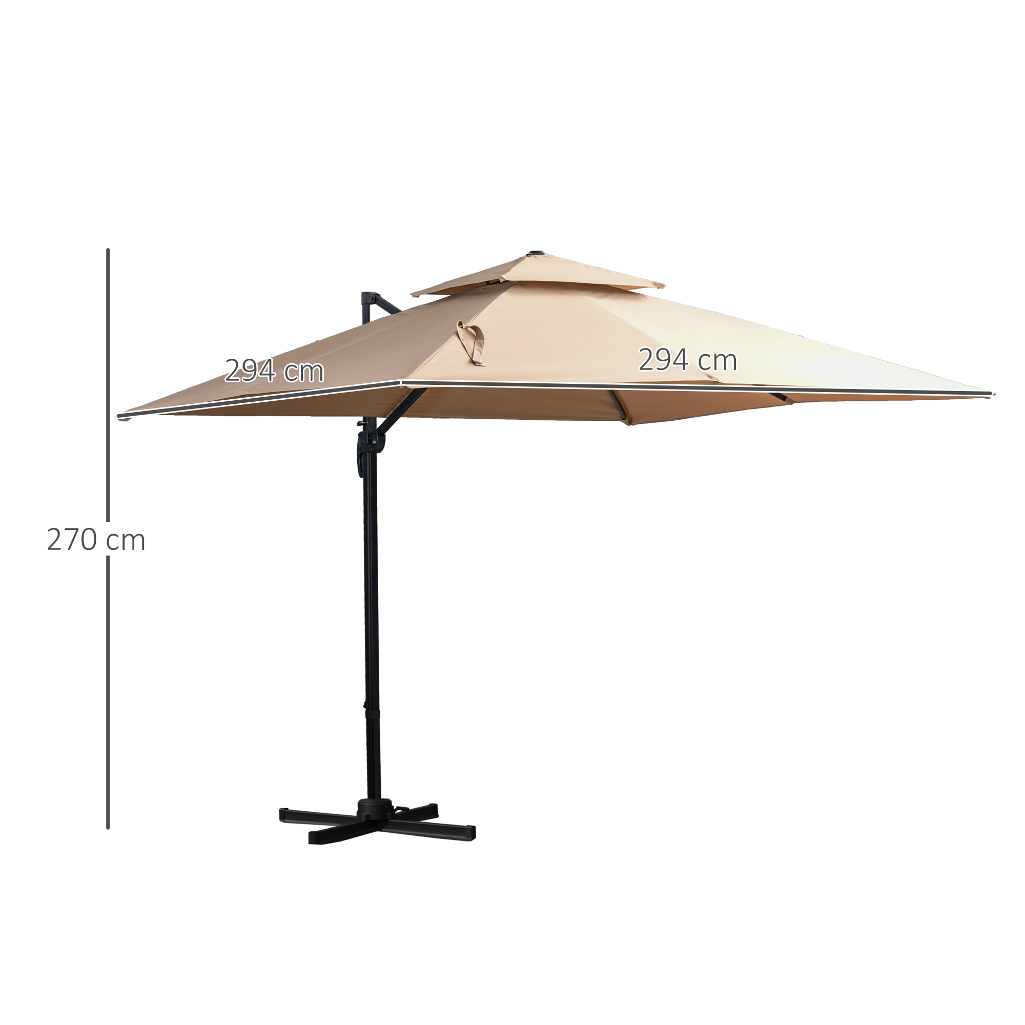 Guarda-sol de jardim Outsunny 300x300 cm em alumínio com manivela, mastro giratório 360°, cobertura dupla, inclinação em 6 posições e base cruzada incluída, cor cáqui.