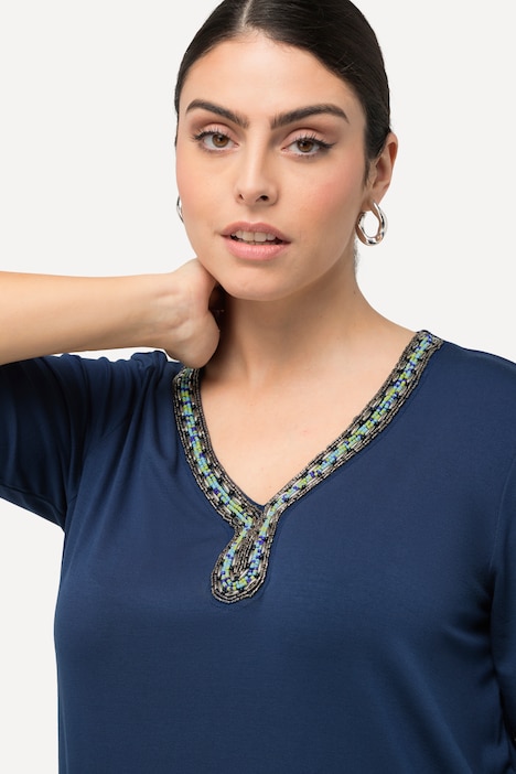 T-Shirt, Perlen, A-Linie, Tunika-Ausschnitt, Halbarm