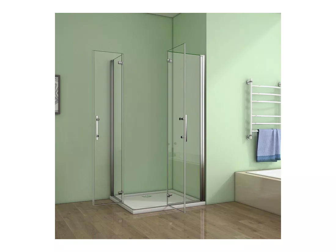 Cabine de douche pivotante et pliante 110x80x195cm en 6mm verre securit anticalcaire, poignée en inox