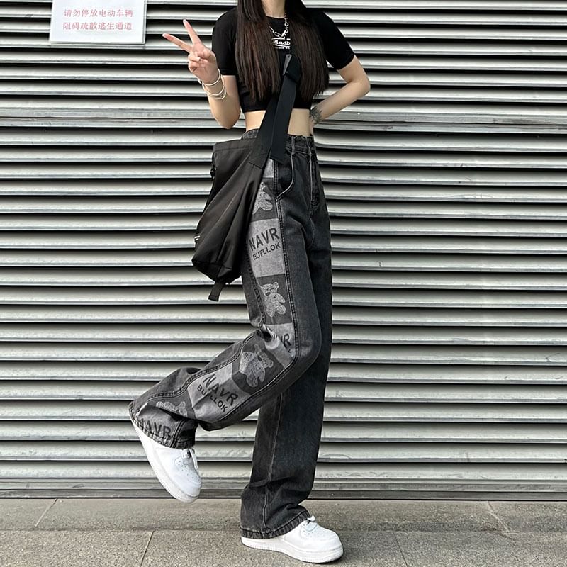 LINSI - Baggy jeans met hoge taille en grafische print