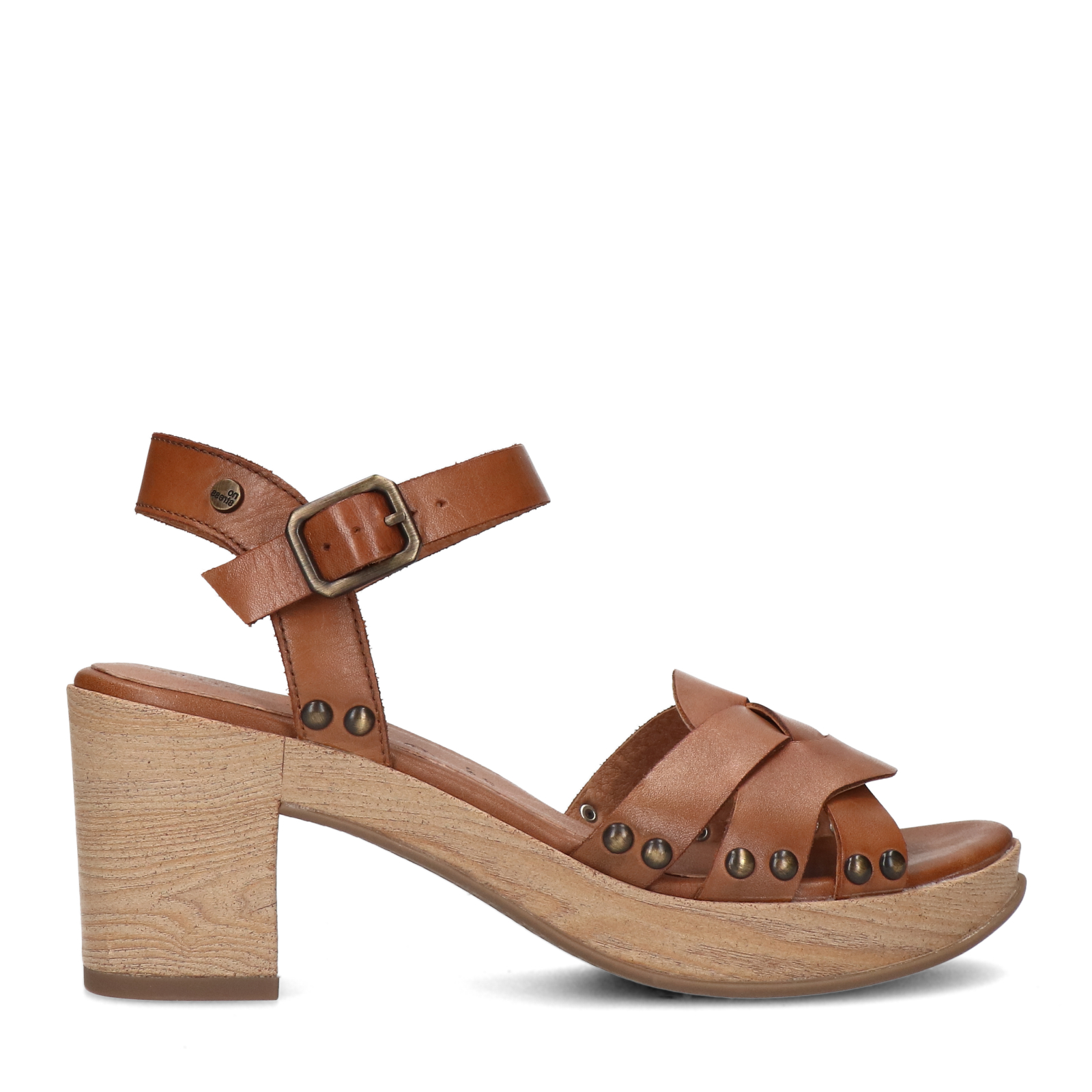 Cognac leren sandalen met blokhak