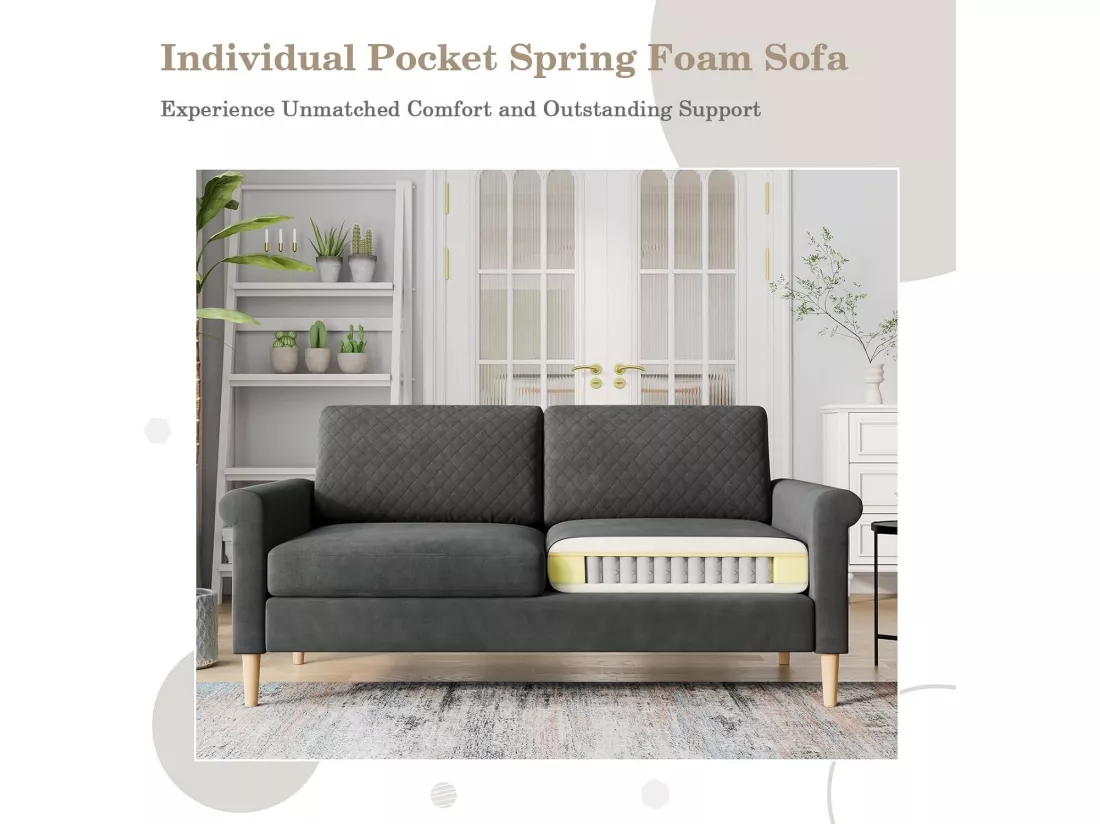 Canapé 2 places confort assise profonde en velours, pieds en bois, 164x76x85cm, Gris