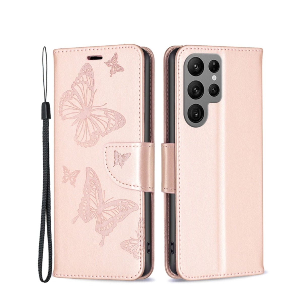 Samsung Galaxy S23 Ultra 5G Leder Tasche mit Kartenfach   Handschlaufe Schmetterling - Roségold