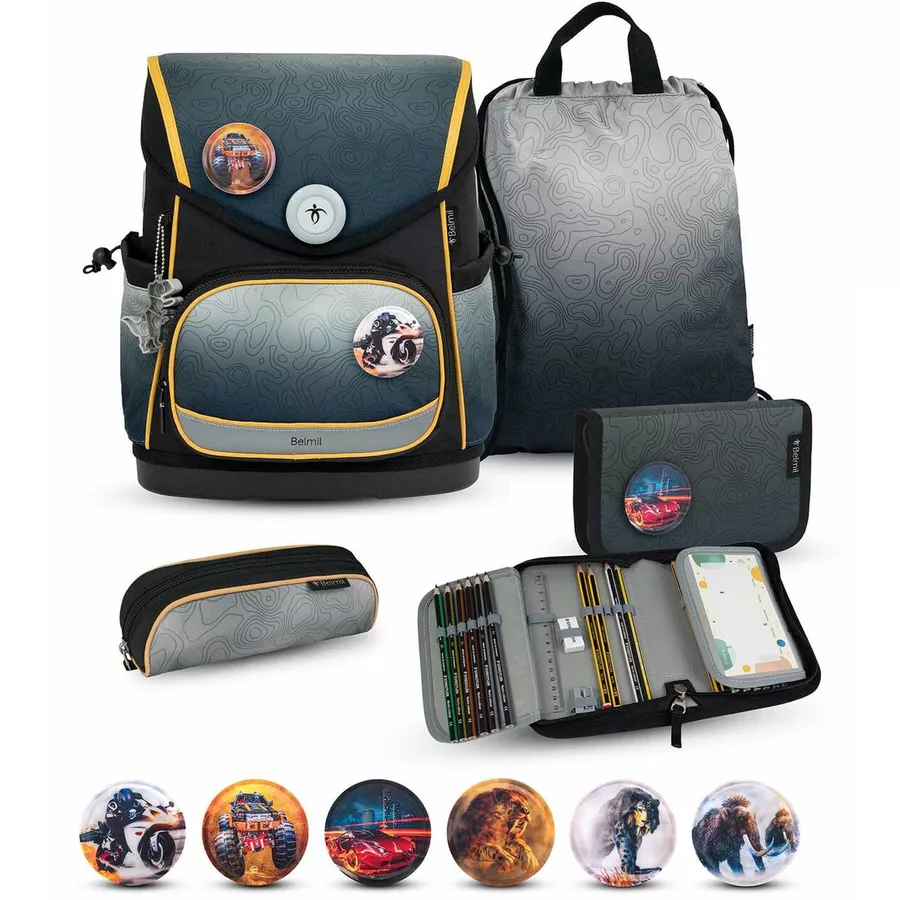Belmil Schulranzen Premium Compact Plus Set 5-teilig Black Grey